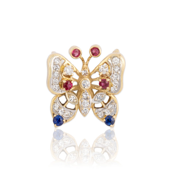 Vintage 18k Yellow & White Gold Diamond Ruby Blue Sapphire Butterfly Slide Pendant