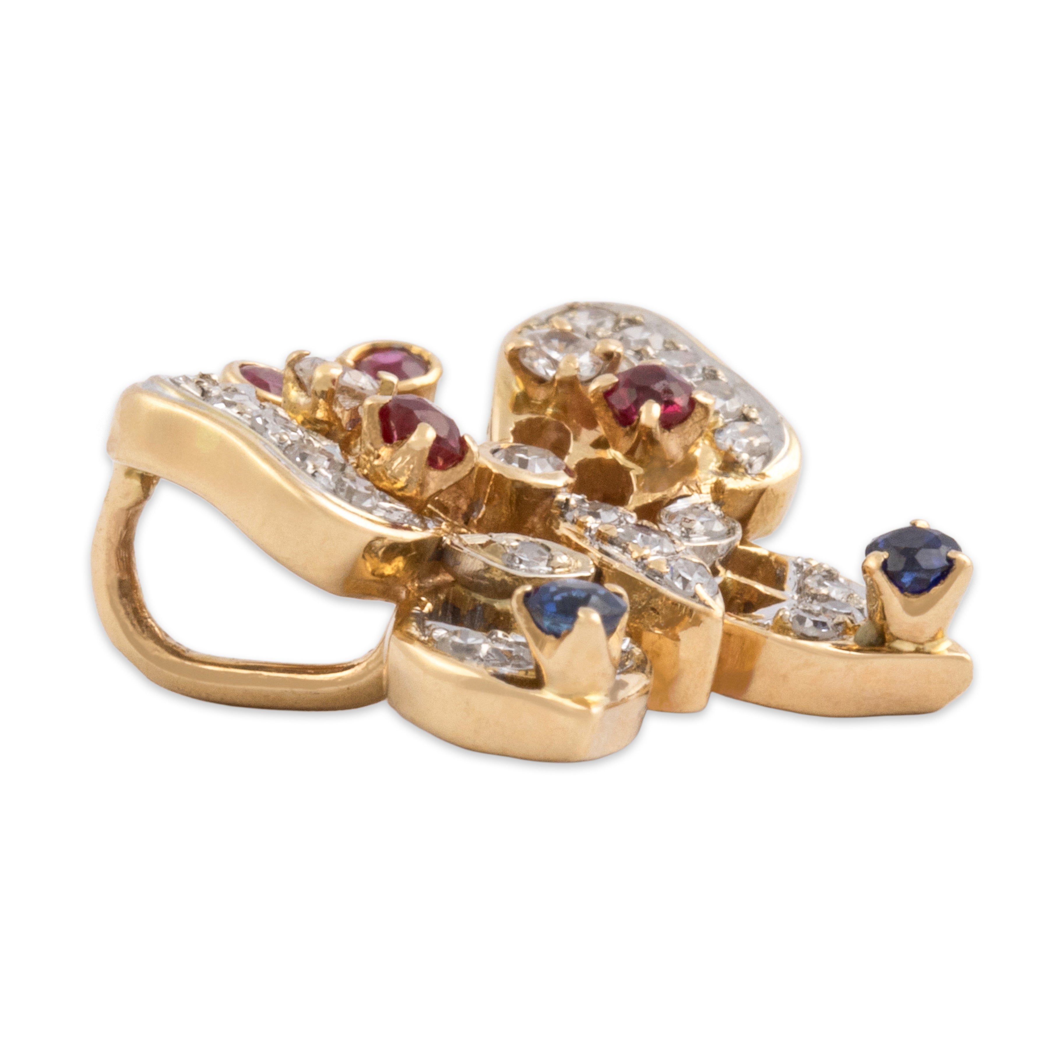 Vintage 18k Yellow & White Gold Diamond Ruby Blue Sapphire Beautiful Fluttering Butterfly Slide Pendant - Side view