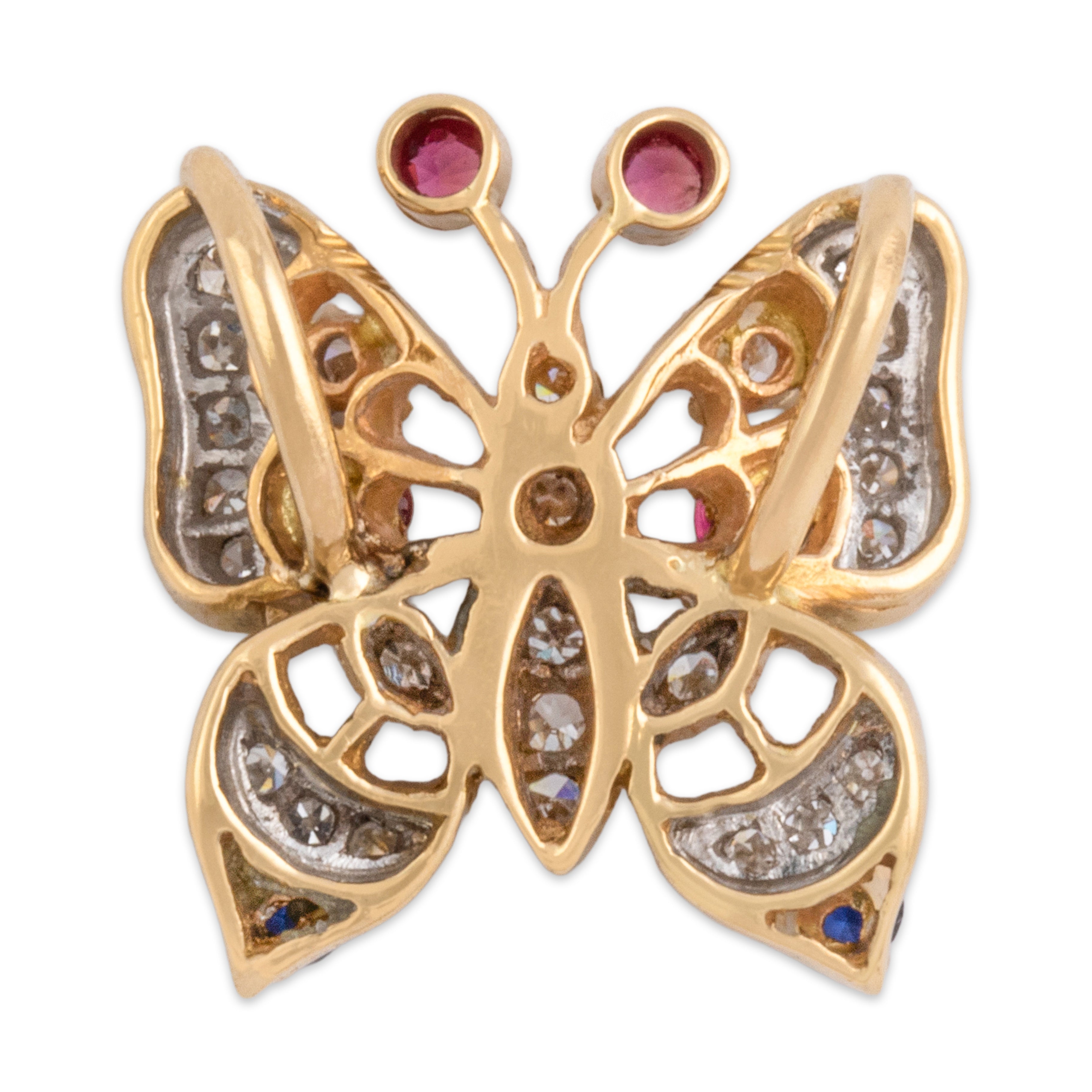 Vintage 18k Yellow & White Gold Diamond Ruby Blue Sapphire Butterfly Slide Pendant