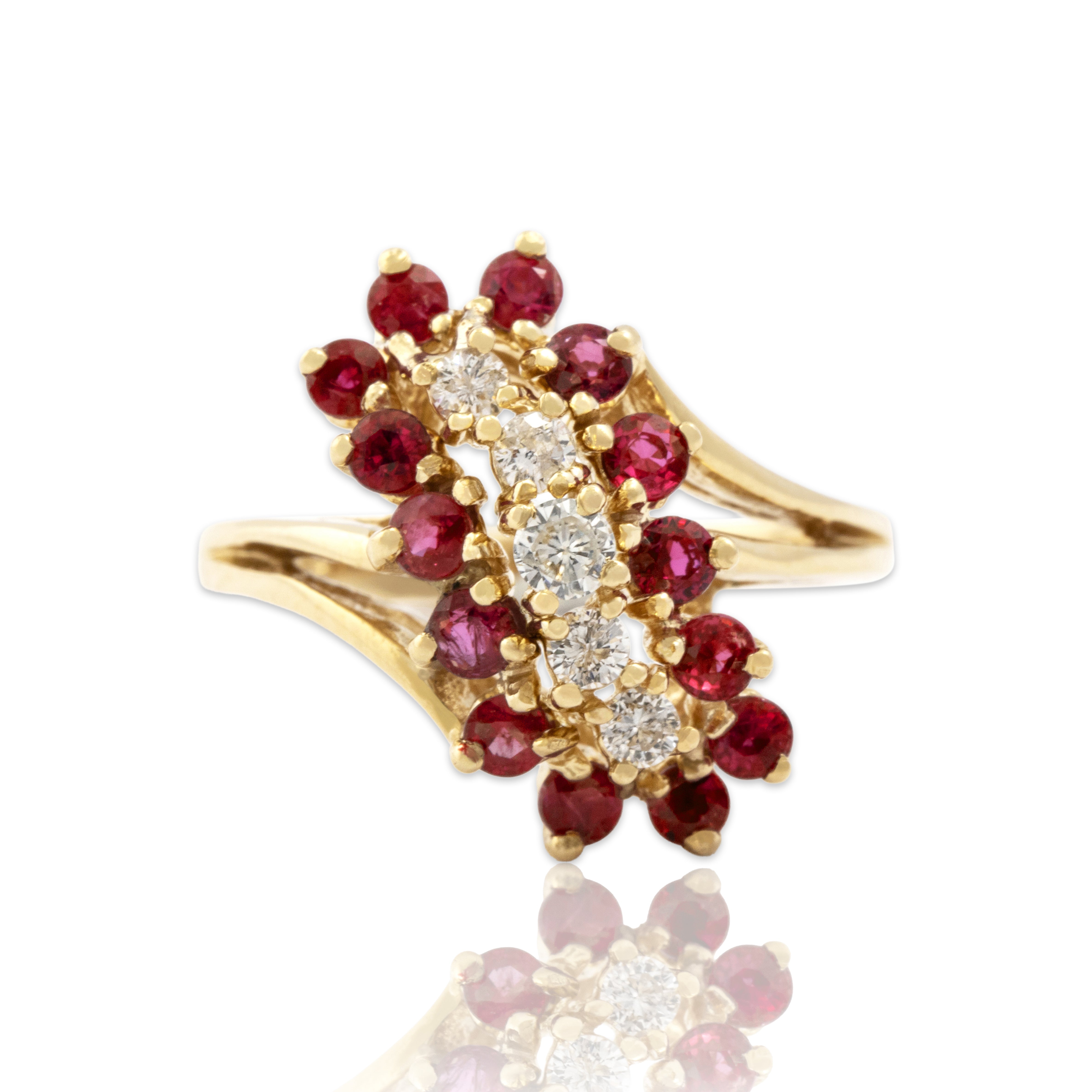Vintage 14k Yellow Gold .85cttw Ruby Diamond Sparkling Arched Cluster Ring 6.25