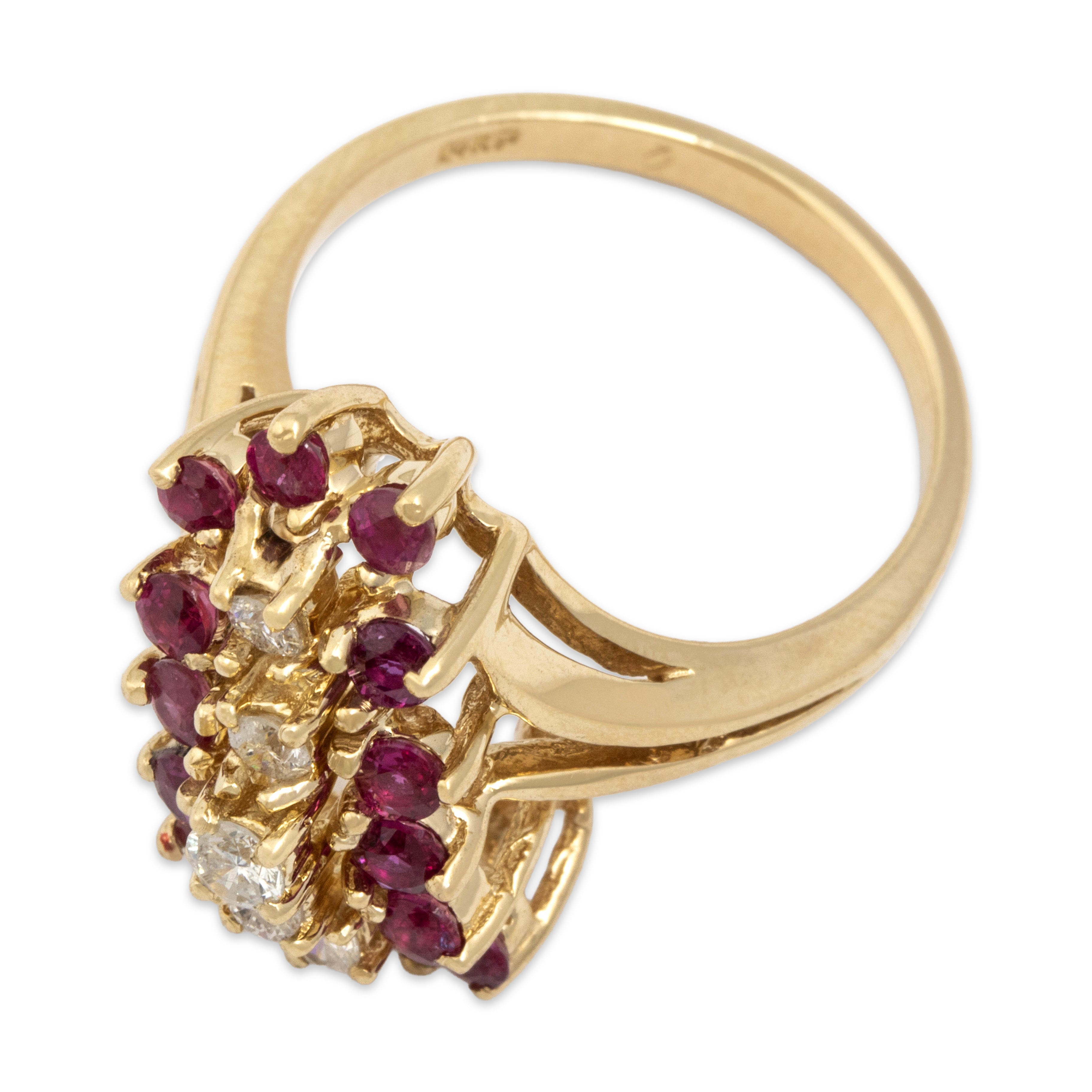 Vintage 14k Yellow Gold .85cttw Ruby Diamond Arched Line Statement Ring - Overall view