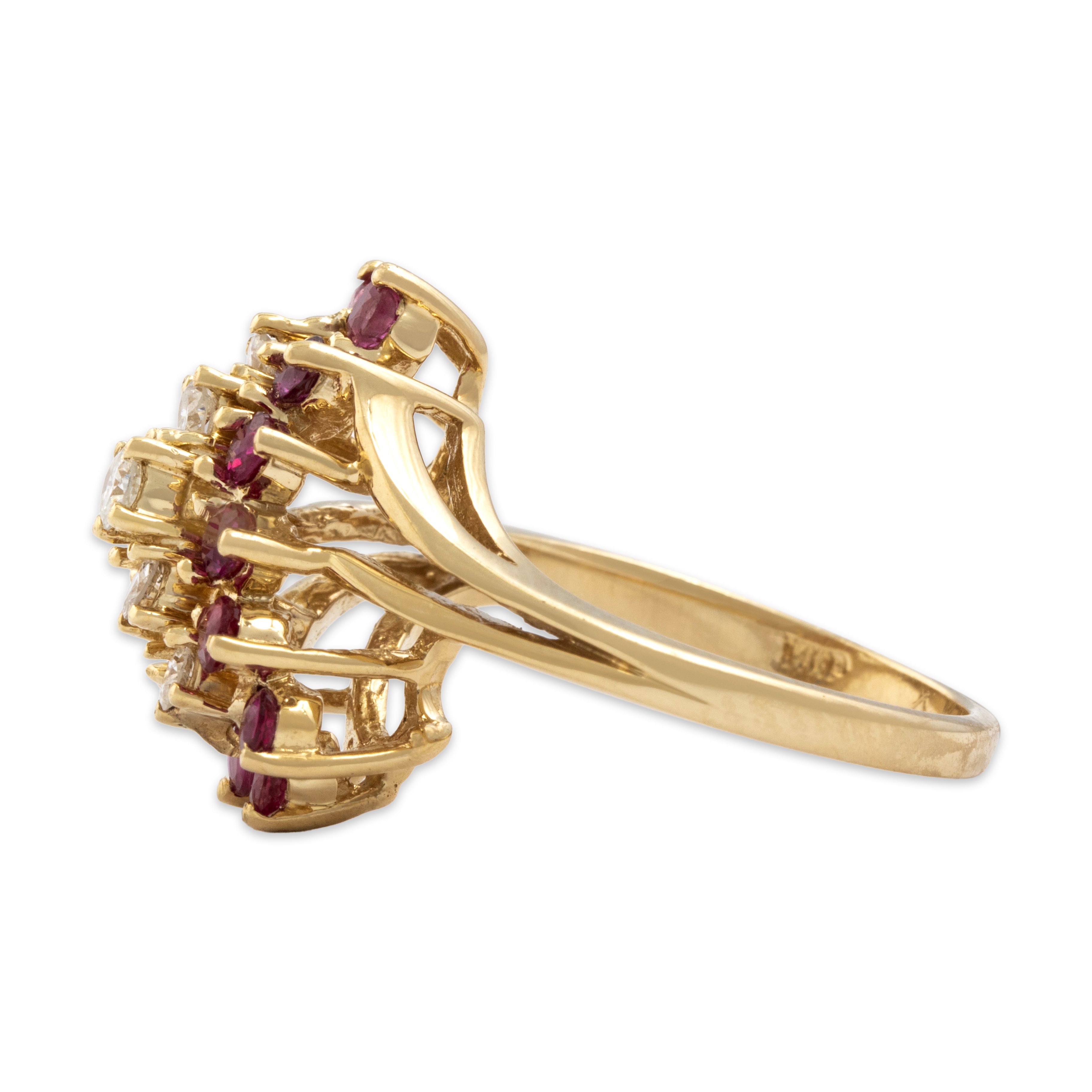Vintage 14k Yellow Gold .85cttw Ruby Diamond Arched Line Statement Ring - Side view
