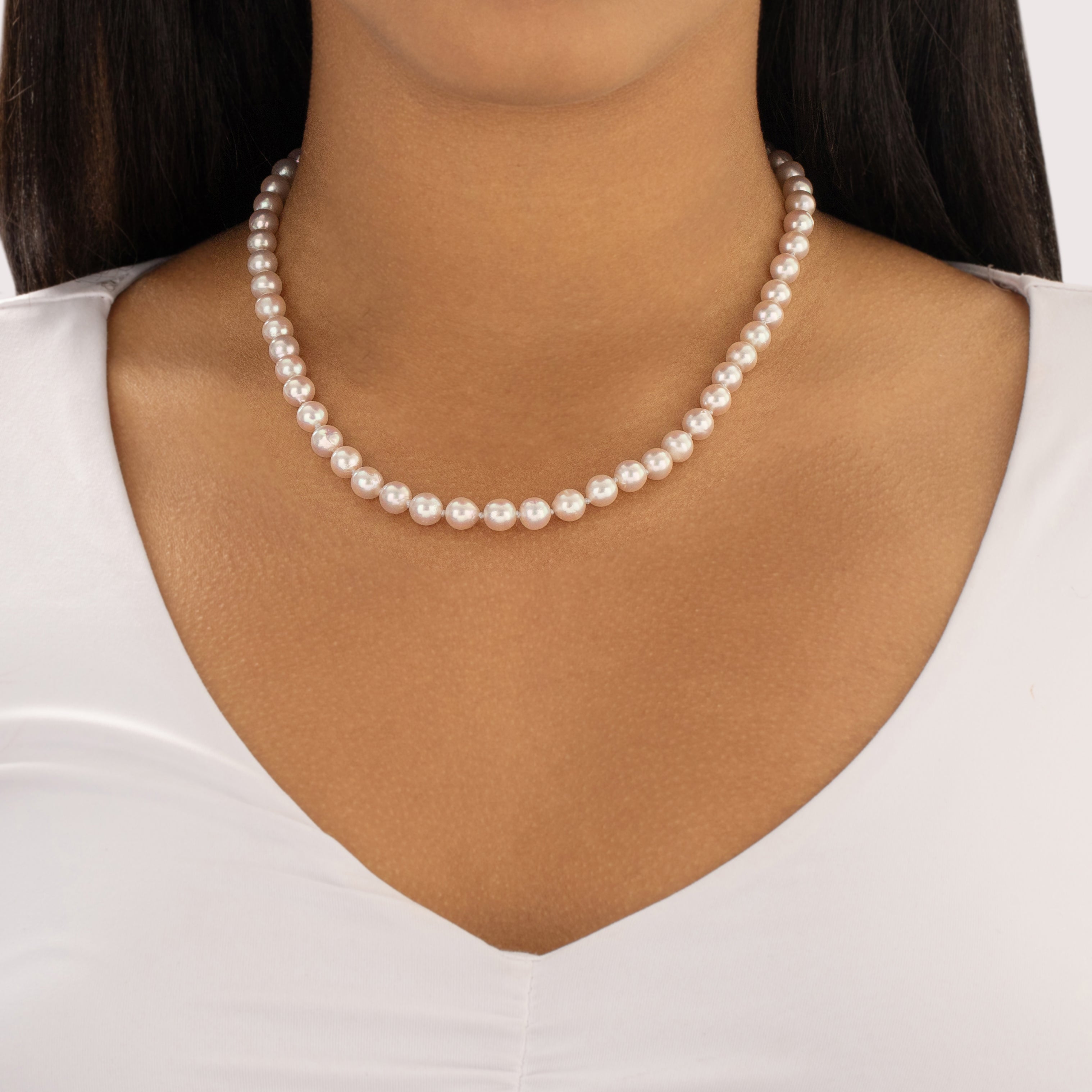 Vintage 14k Yellow Gold Pearl Luminous Script Clasp Strand Necklace - On model view