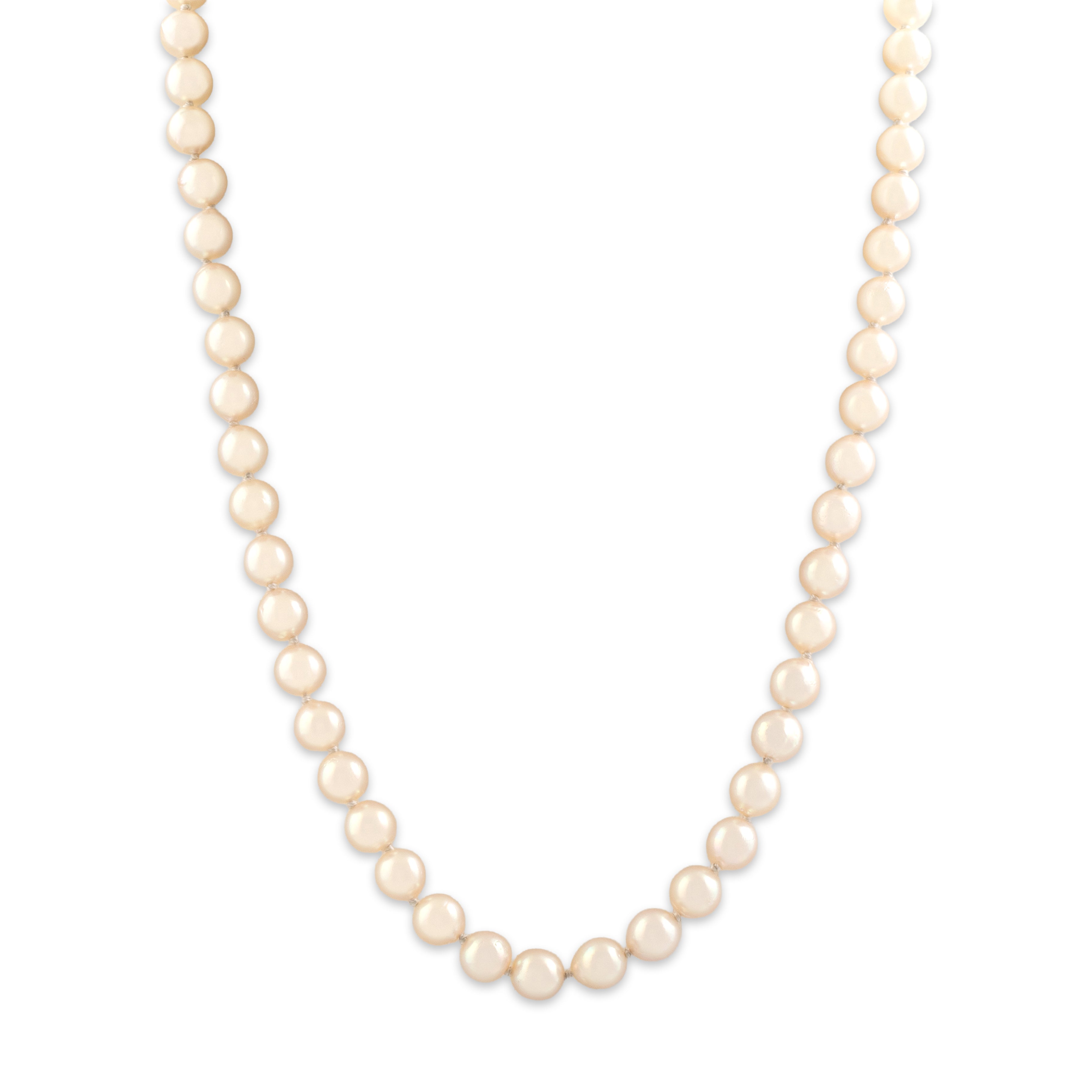 Vintage 14k Yellow Gold Pearl Luminous Script Clasp Strand Necklace - Close-up view