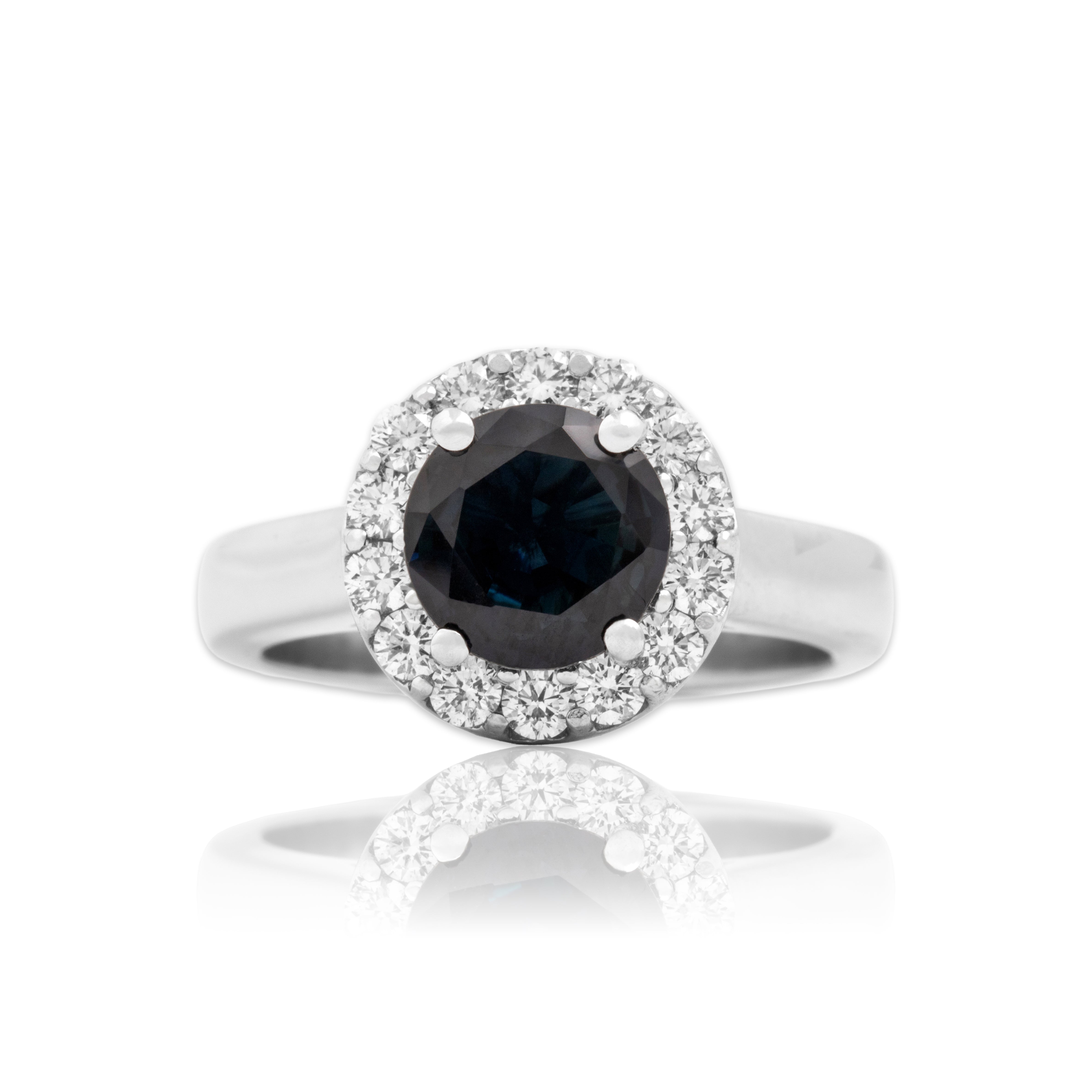 Vintage 14k White Gold 1.58ct Blue Sapphire Diamond Dazzling Round Halo Ring - Close-up view