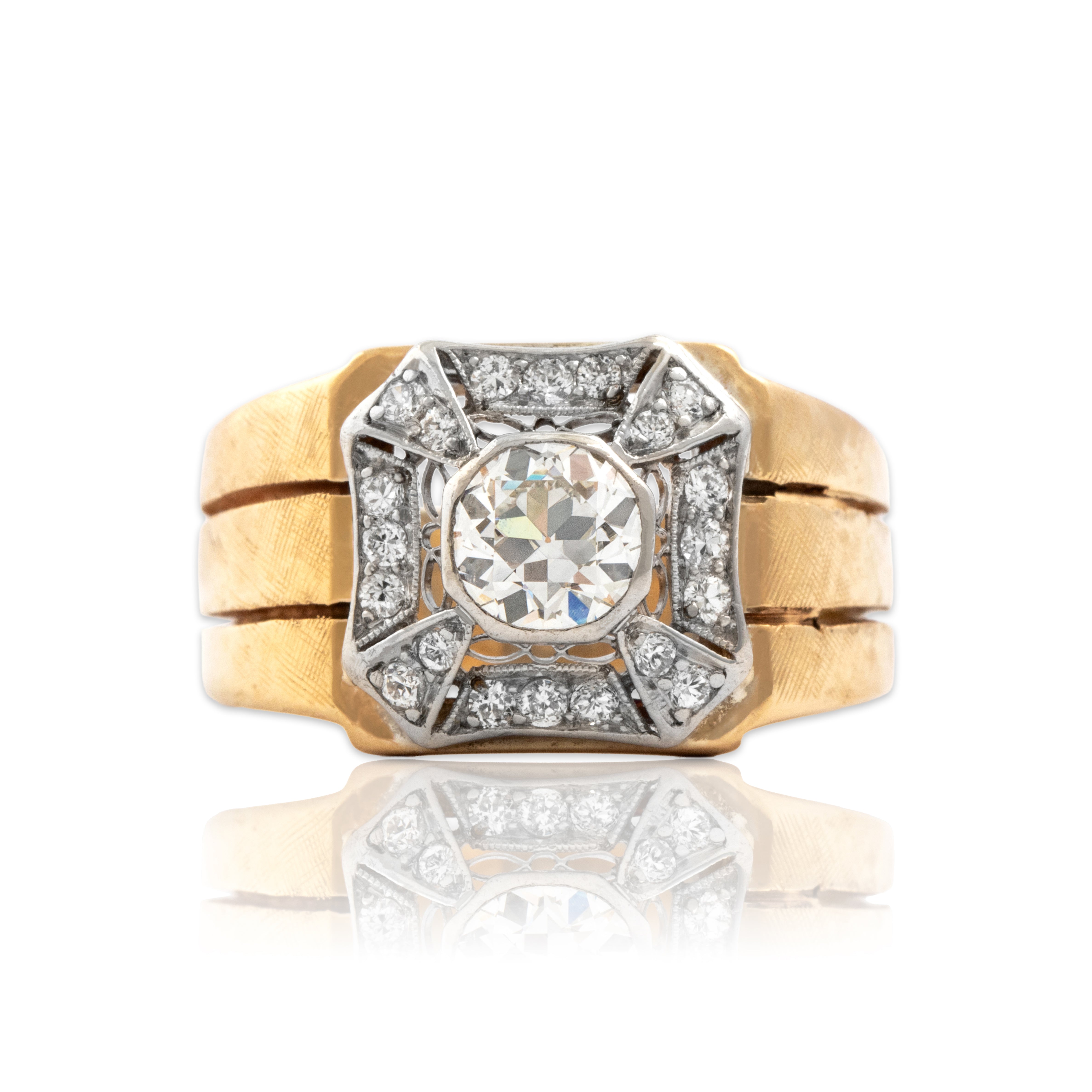 Vintage Heavy 14k Yellow Gold & Platinum .92cttw Diamond Bold Etched Shoulder Ring - Close-up view