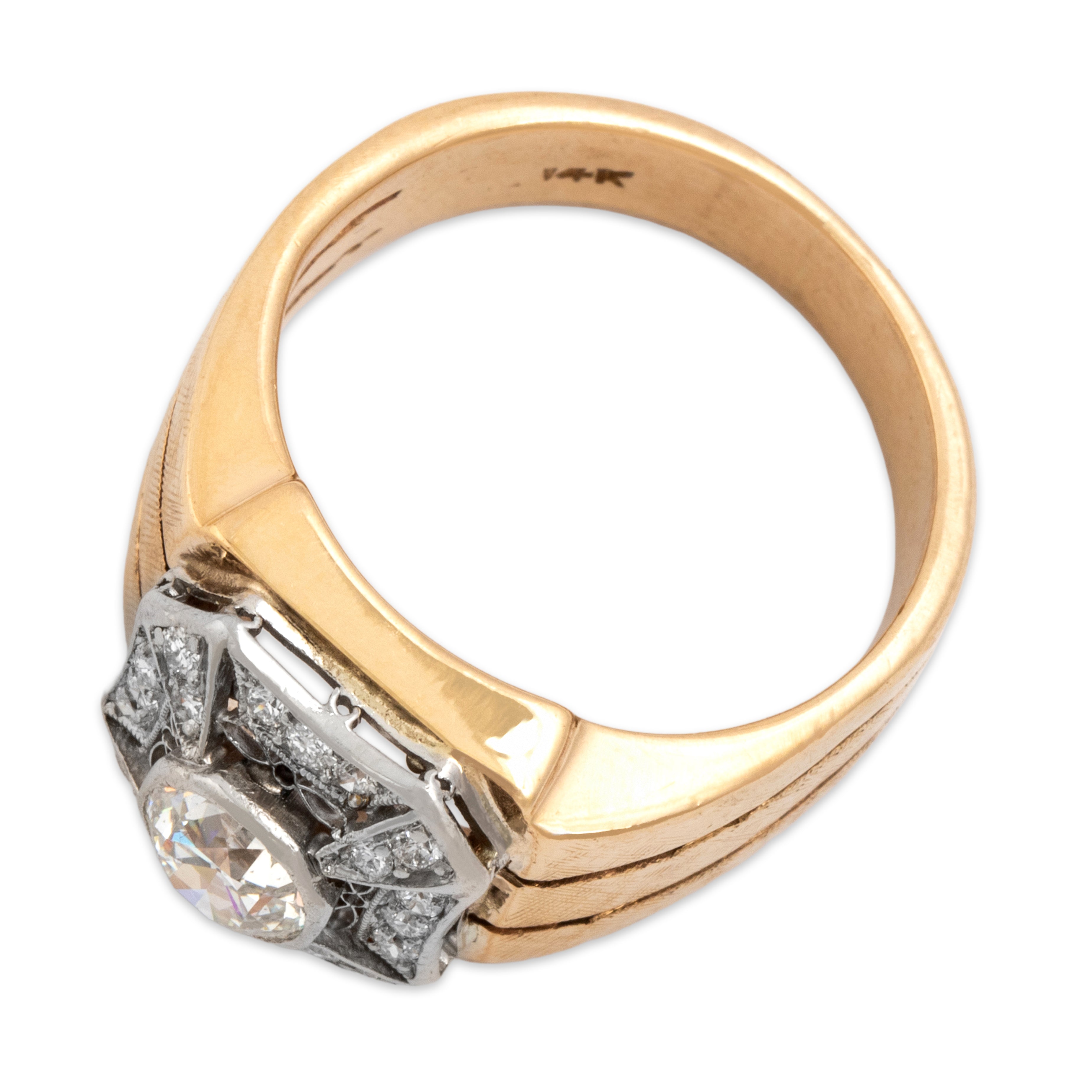 Vintage Heavy 14k Yellow Gold & Platinum .92cttw Diamond Bold Etched Shoulder Ring - Overall view