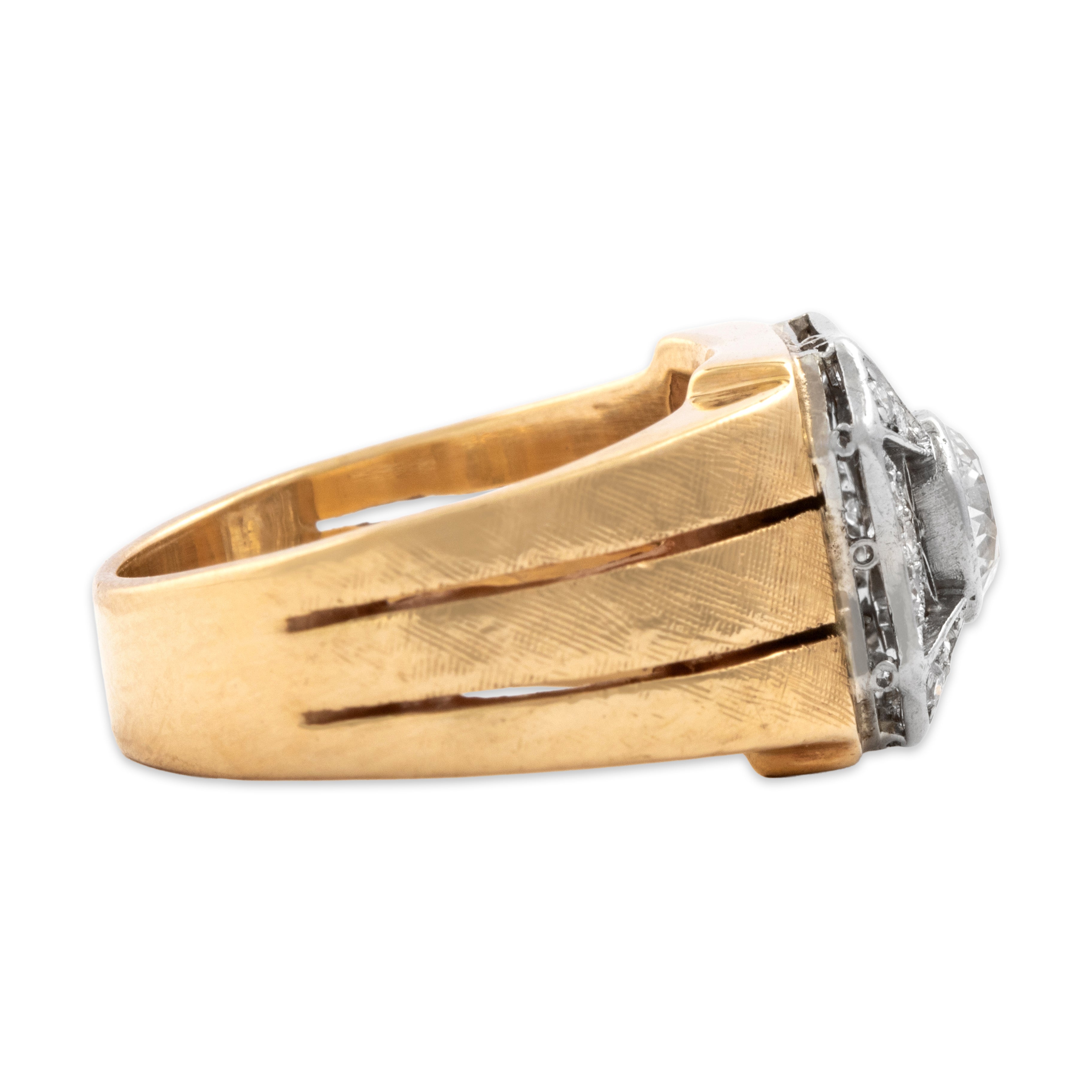 Vintage Heavy 14k Yellow Gold & Platinum .92cttw Diamond Bold Etched Shoulder Ring - Side view