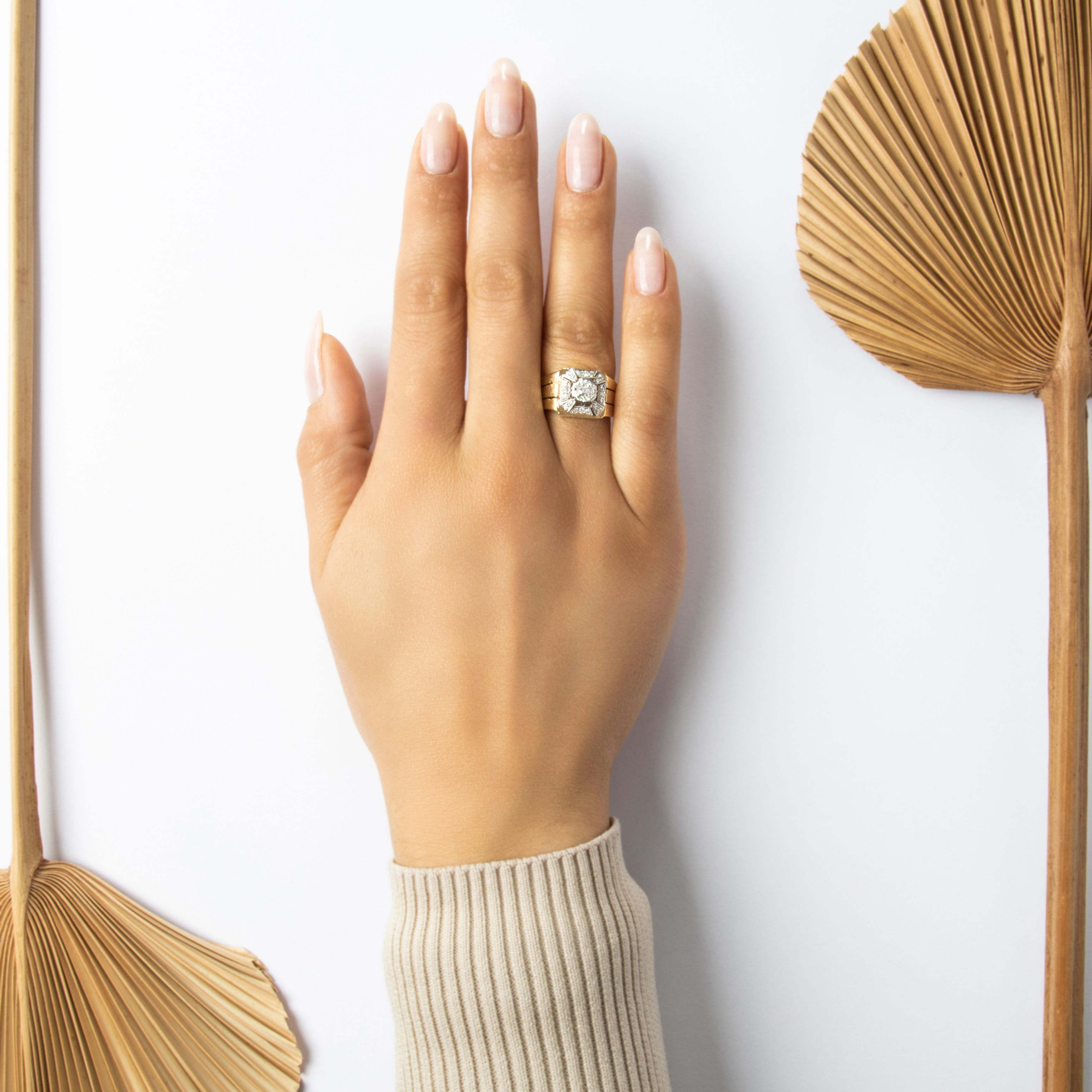 Vintage Heavy 14k Yellow Gold & Platinum .92cttw Diamond Bold Etched Shoulder Ring - On model view