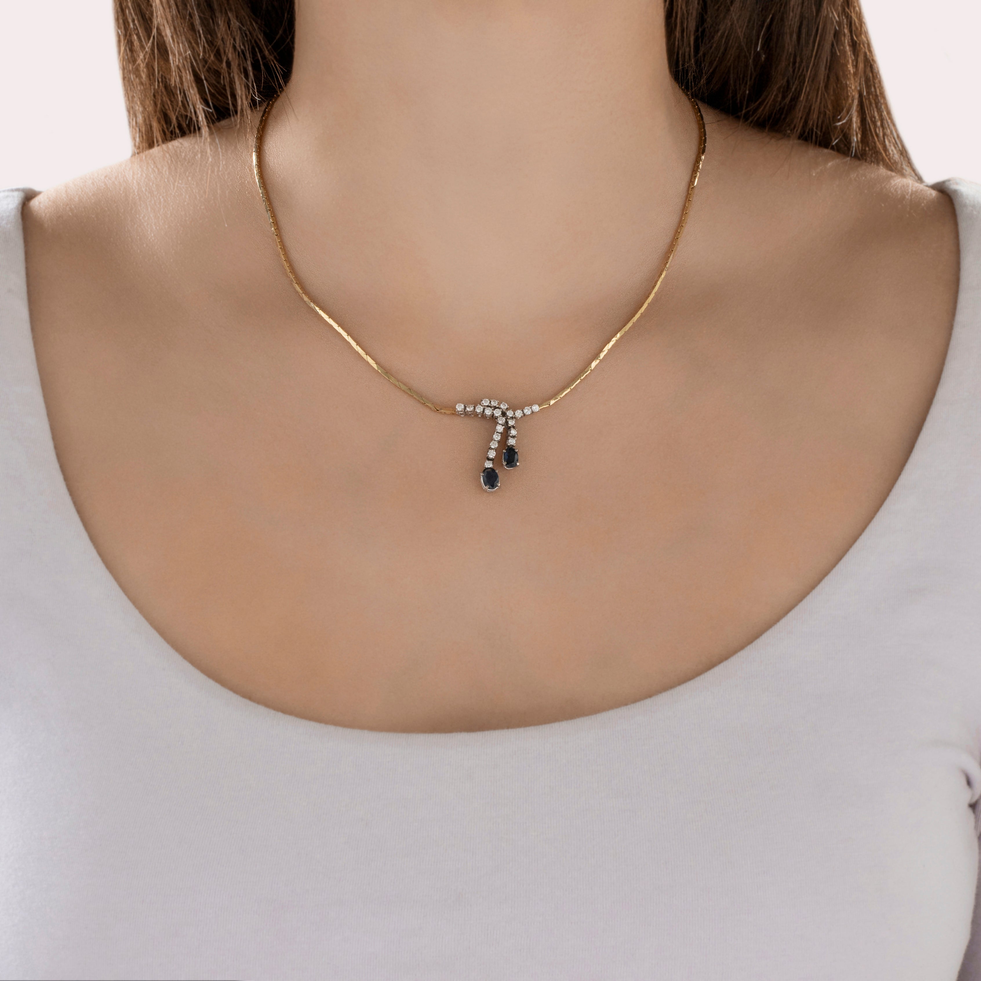 Vintage 14k Yellow & White Gold Blue Sapphire .5cttw Diamond Fantastic Elegant Duo Drop Necklace - On model view