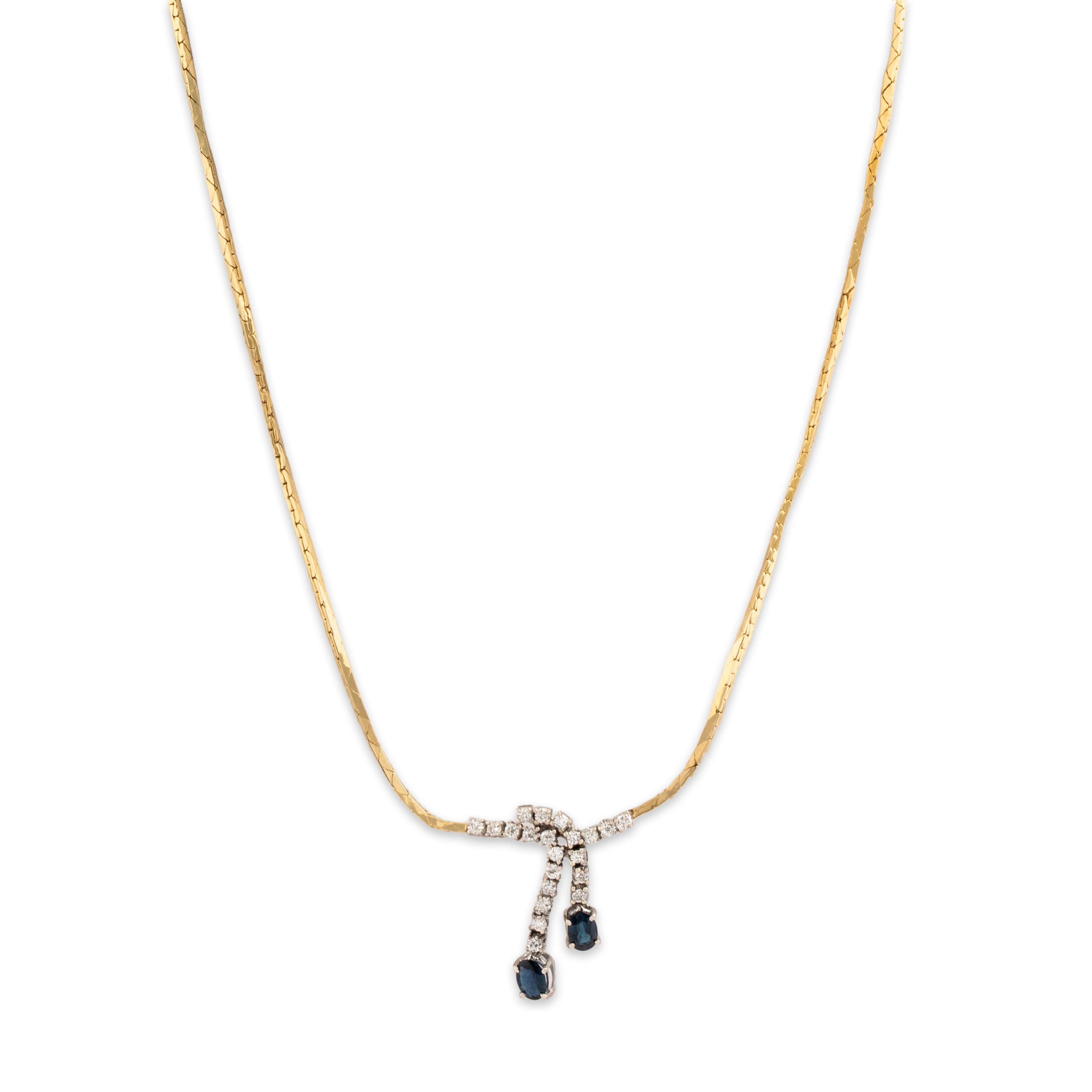 Vintage 14k Yellow & White Gold Blue Sapphire Diamond Elegant Drop Necklace 16.5