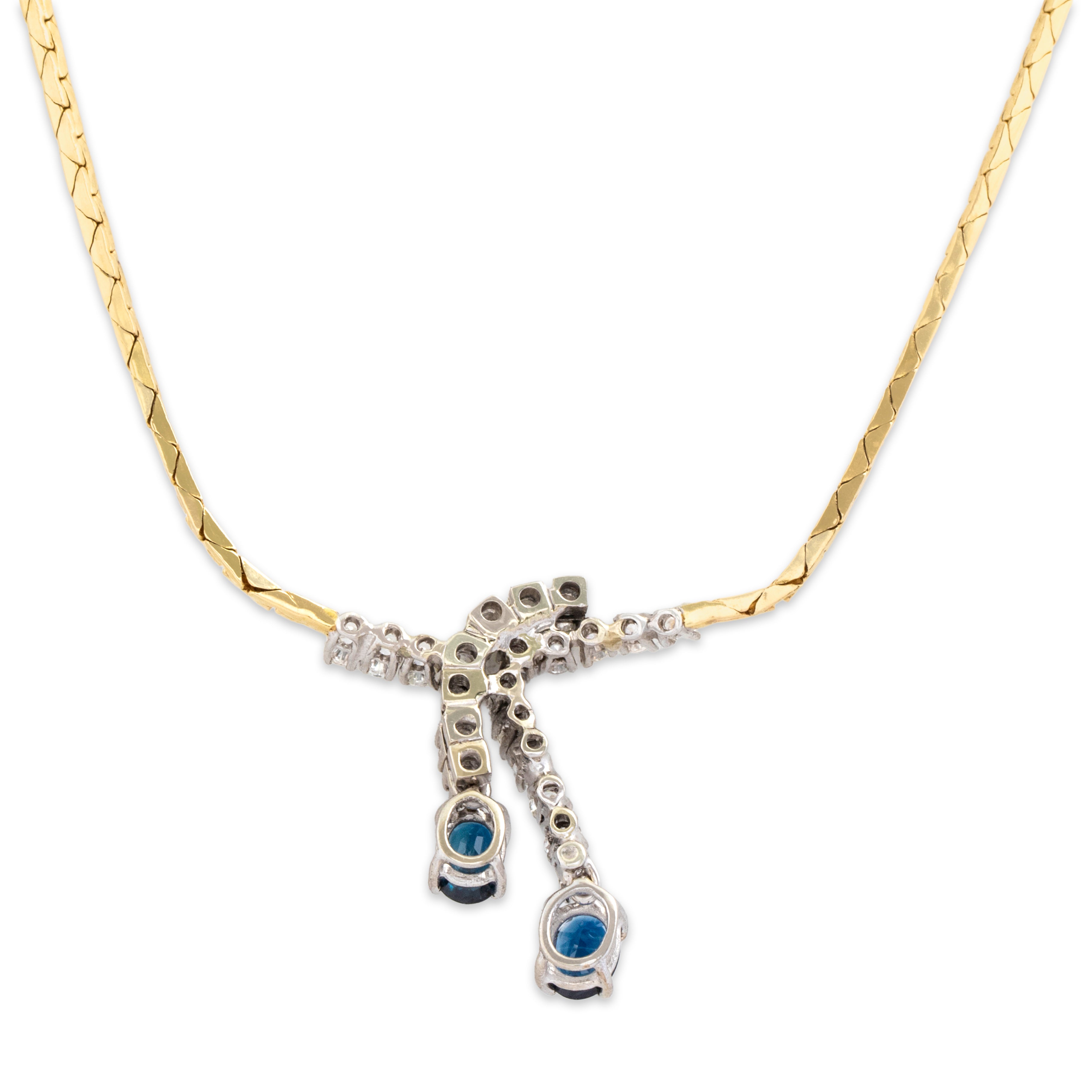 Vintage 14k Yellow & White Gold Blue Sapphire .5cttw Diamond Fantastic Elegant Duo Drop Necklace - Back view