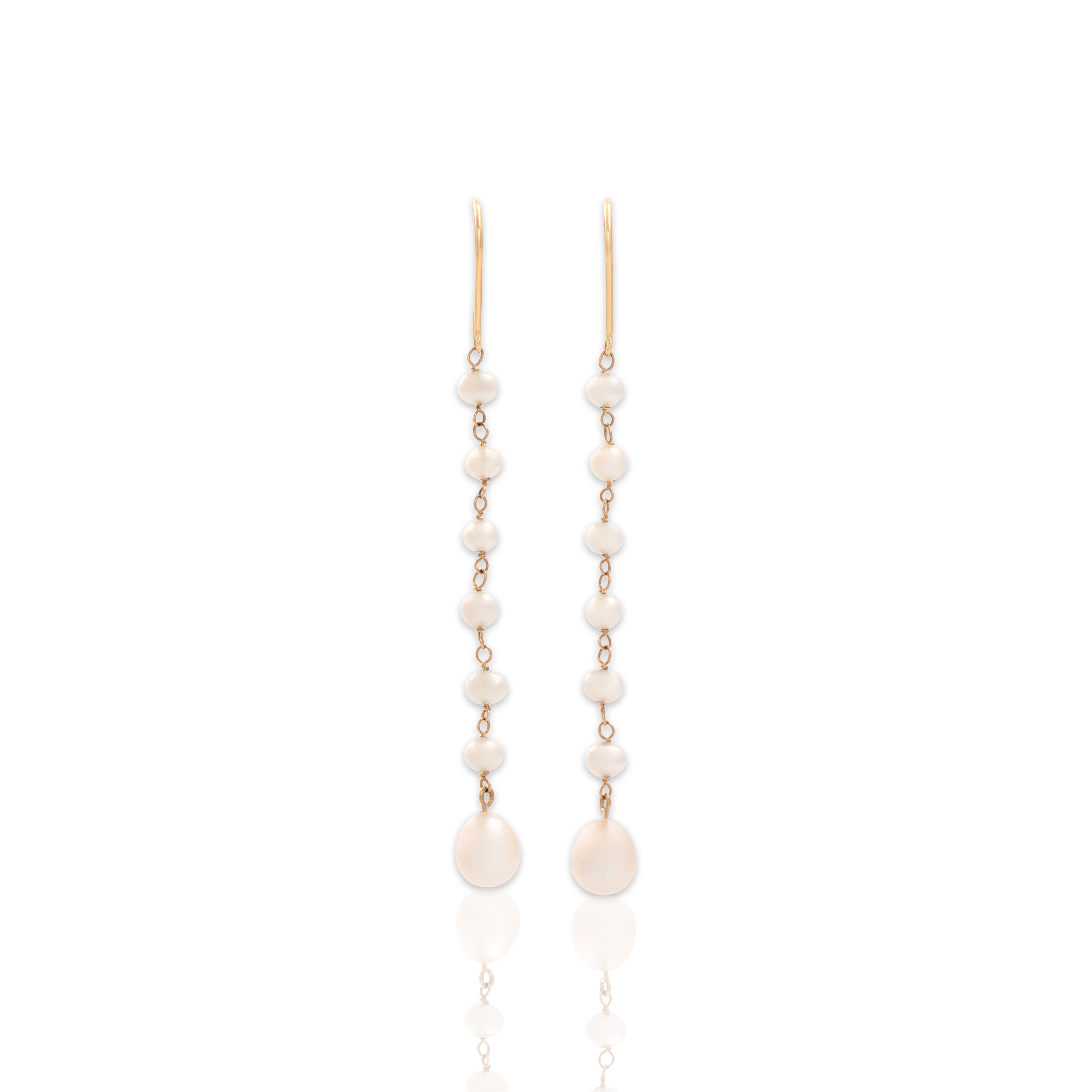 Vintage 14k Yellow Gold Pearl Fabulous Luminous Bubble Dangle Earrings - Close-up view