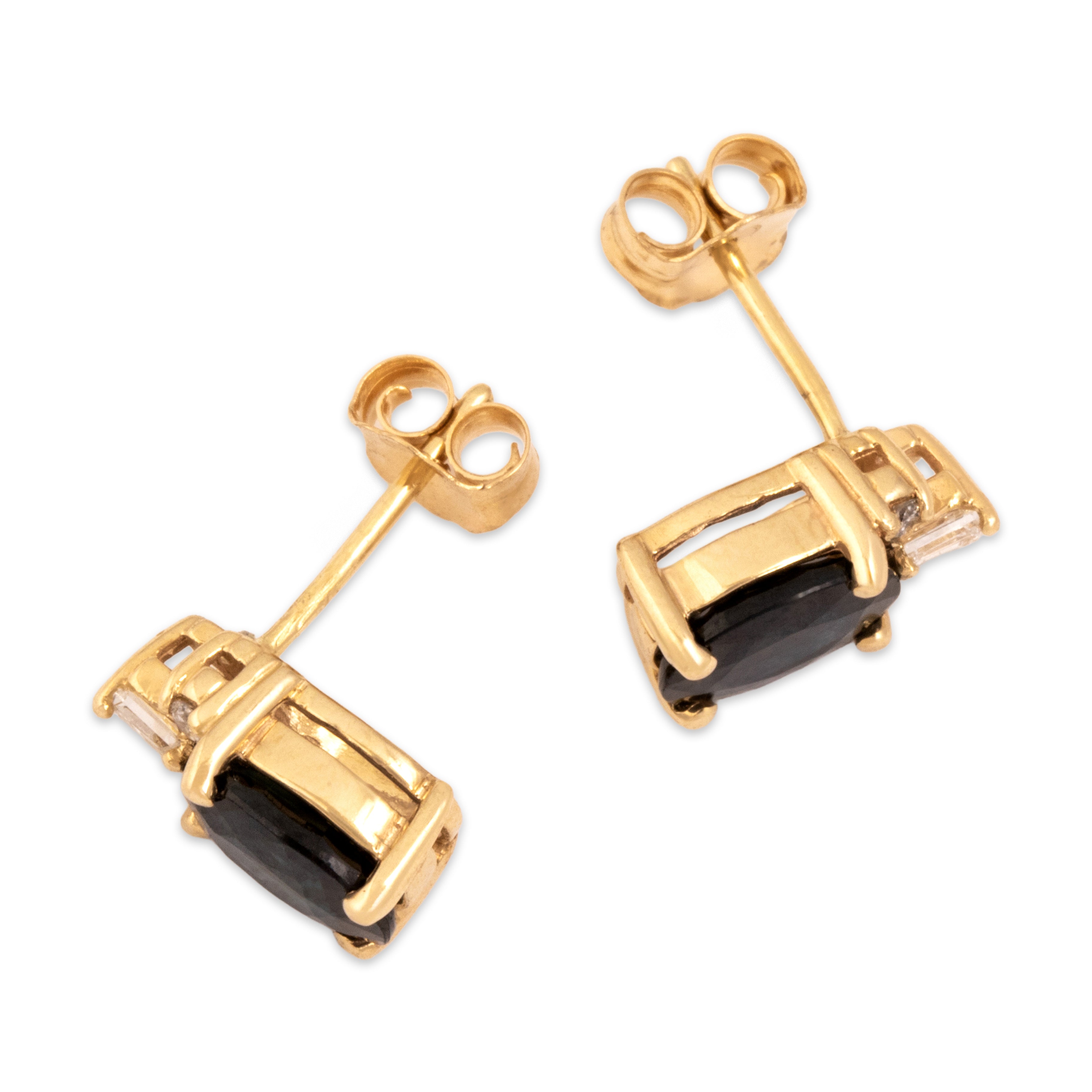 Vintage 14k Yellow Gold 1.39cttw Blue Sapphire Diamond Elegant Baguette Accent Stud Earrings - Side view