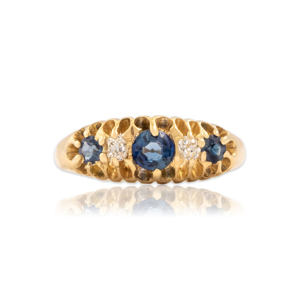 Antique English 18k Yellow Gold Synthetic Sapphire Natural Old Mine Diamond Ring 5.75