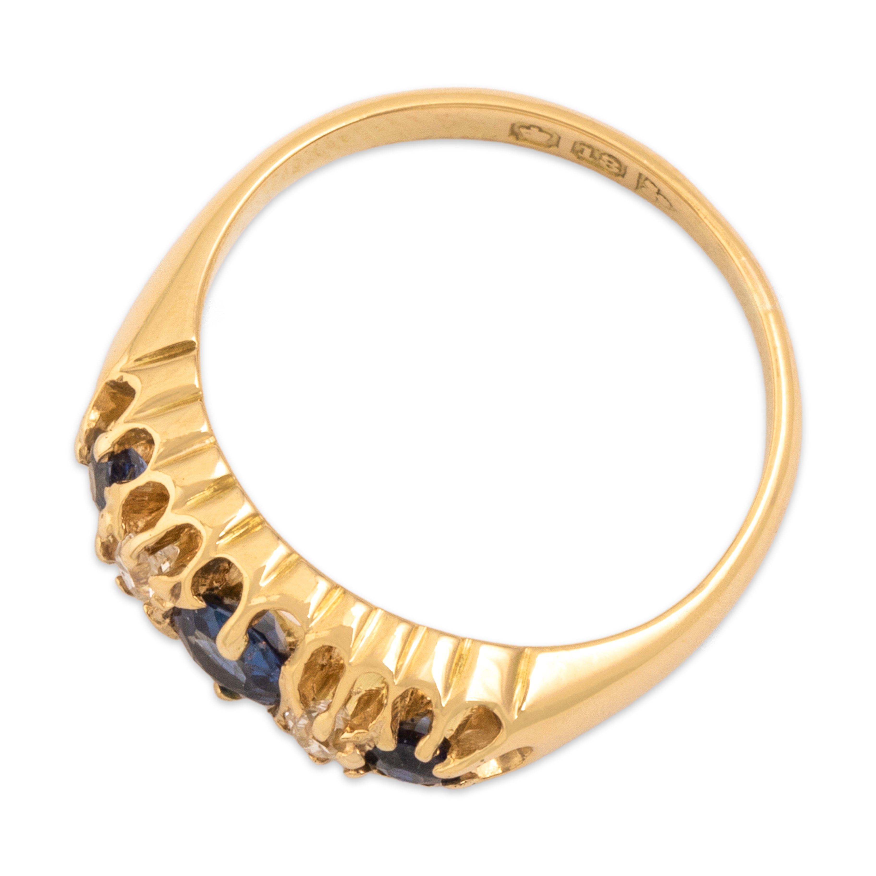 Antique Victorian English 18k Yellow Gold Blue Synthetic Sapphire Natural Old Mine Cut Diamond Sparkling Multi-Prong Line Ring - Overall view