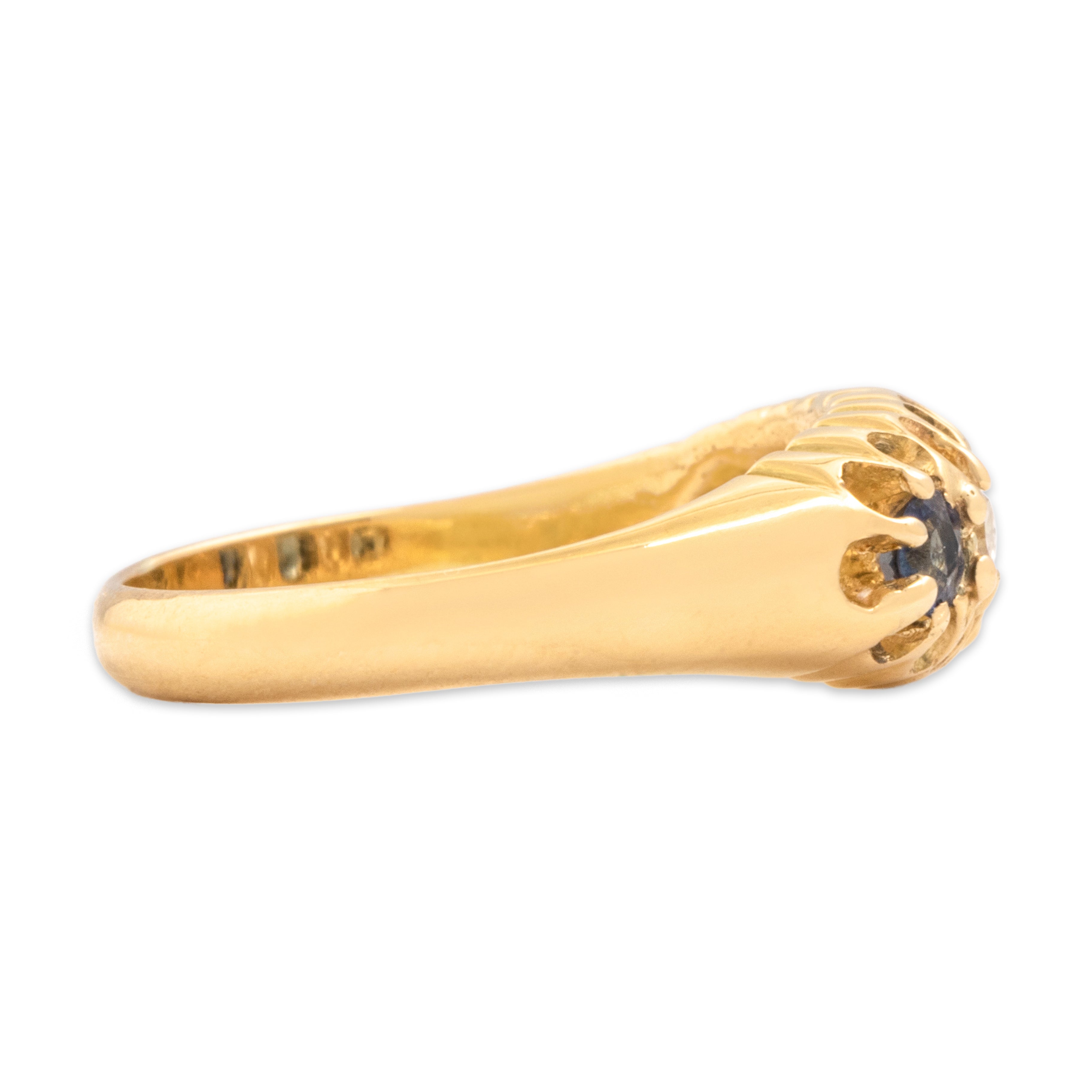 Antique Victorian English 18k Yellow Gold Blue Synthetic Sapphire Natural Old Mine Cut Diamond Sparkling Multi-Prong Line Ring - Side view