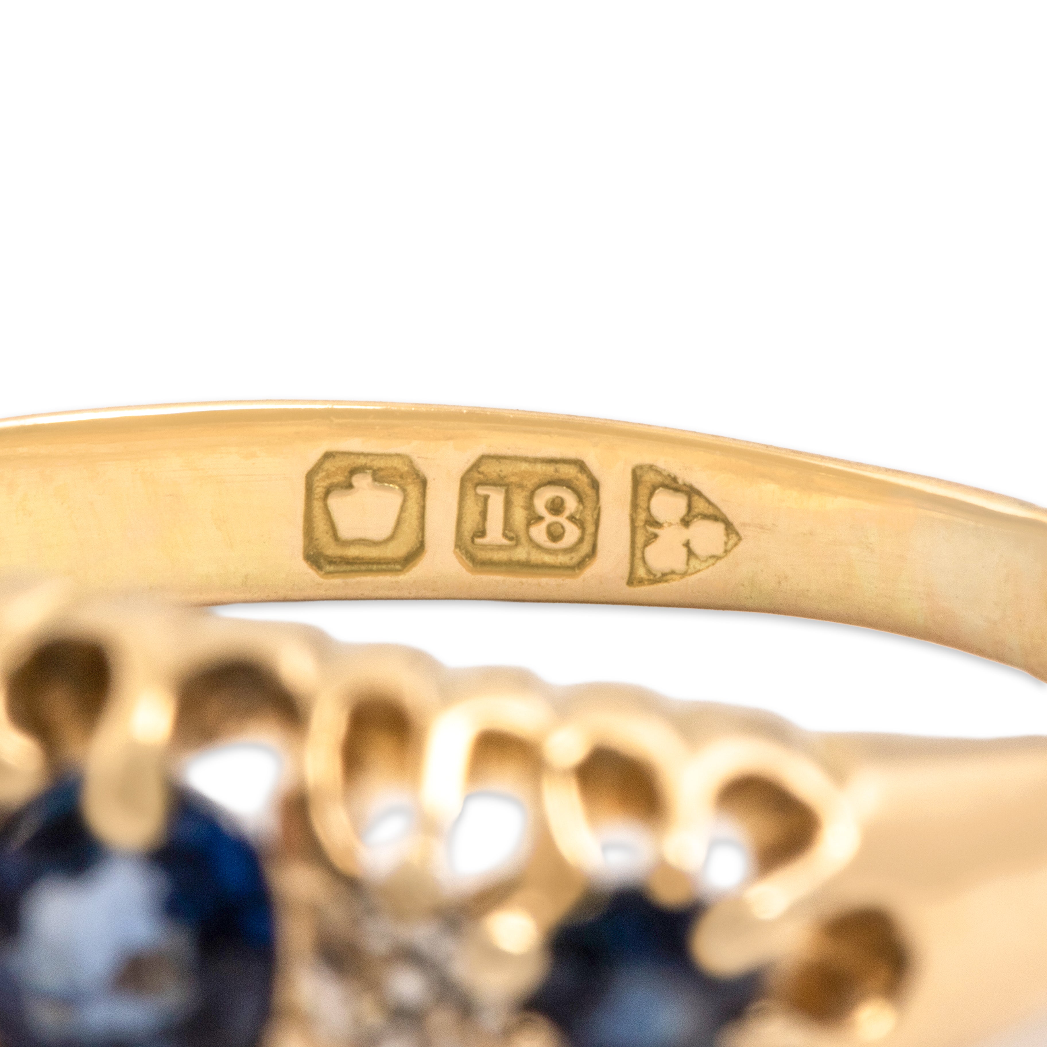 Antique Victorian English 18k Yellow Gold Blue Synthetic Sapphire Natural Old Mine Cut Diamond Sparkling Multi-Prong Line Ring - Hallmark view