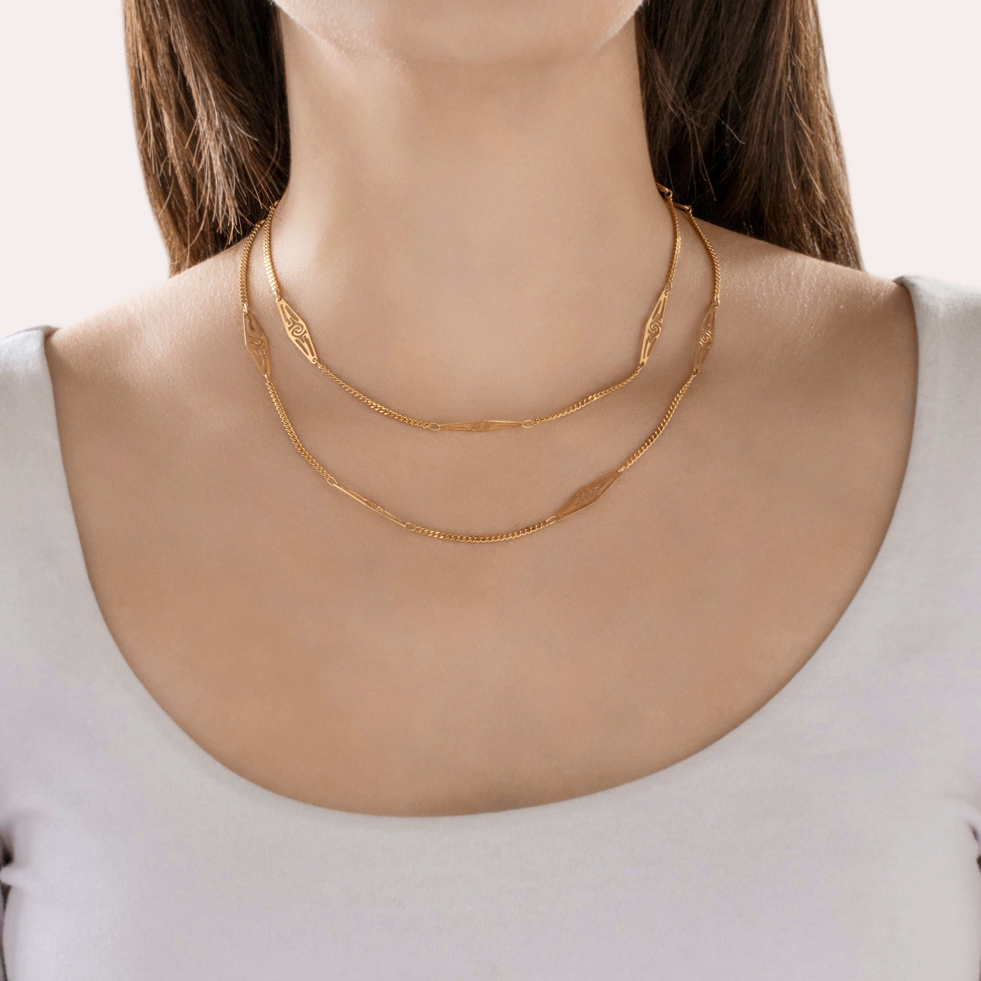 Vintage Italian 18k Yellow Gold Double Layer Filigree Chain Necklace - On model view