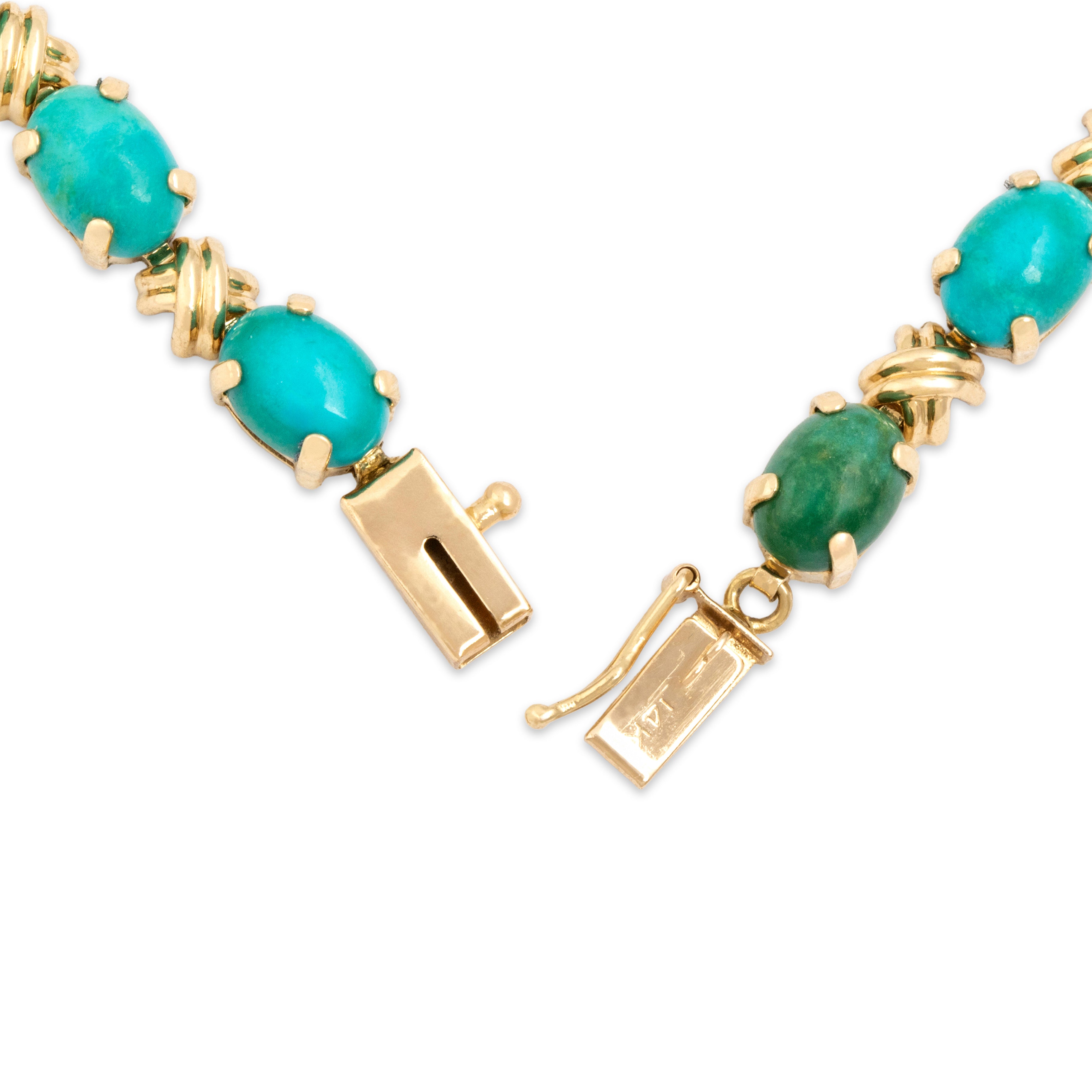 Vintage 14k Yellow Gold 14.12cttw Turquoise Naturalistic Knotted Link Bracelet - clasp view
