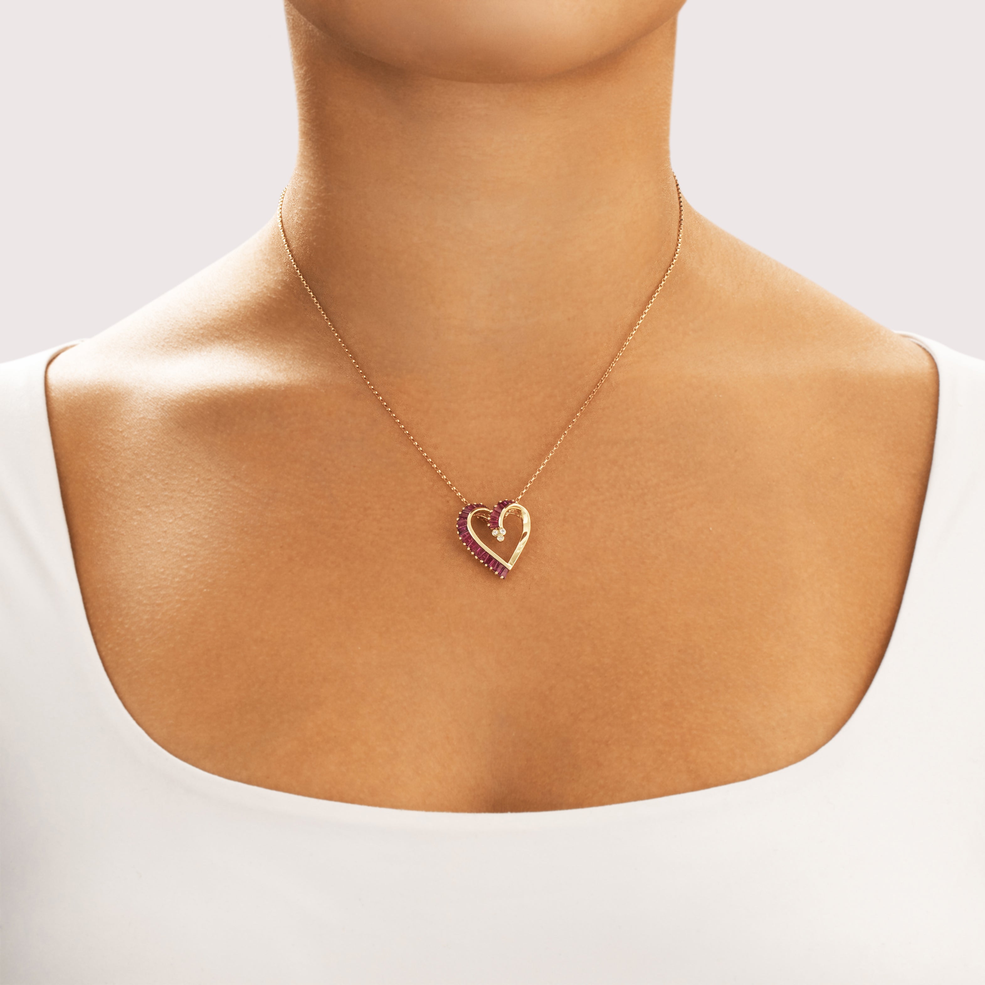 Vintage 14k Yellow Gold 1.61cttw Ruby Diamond Swooping Heart Slide Pendant - On model view