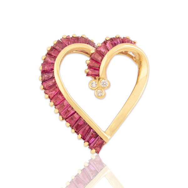 Vintage 14k Yellow Gold 1.61cttw Ruby Diamond Swooping Heart Slide Pendant