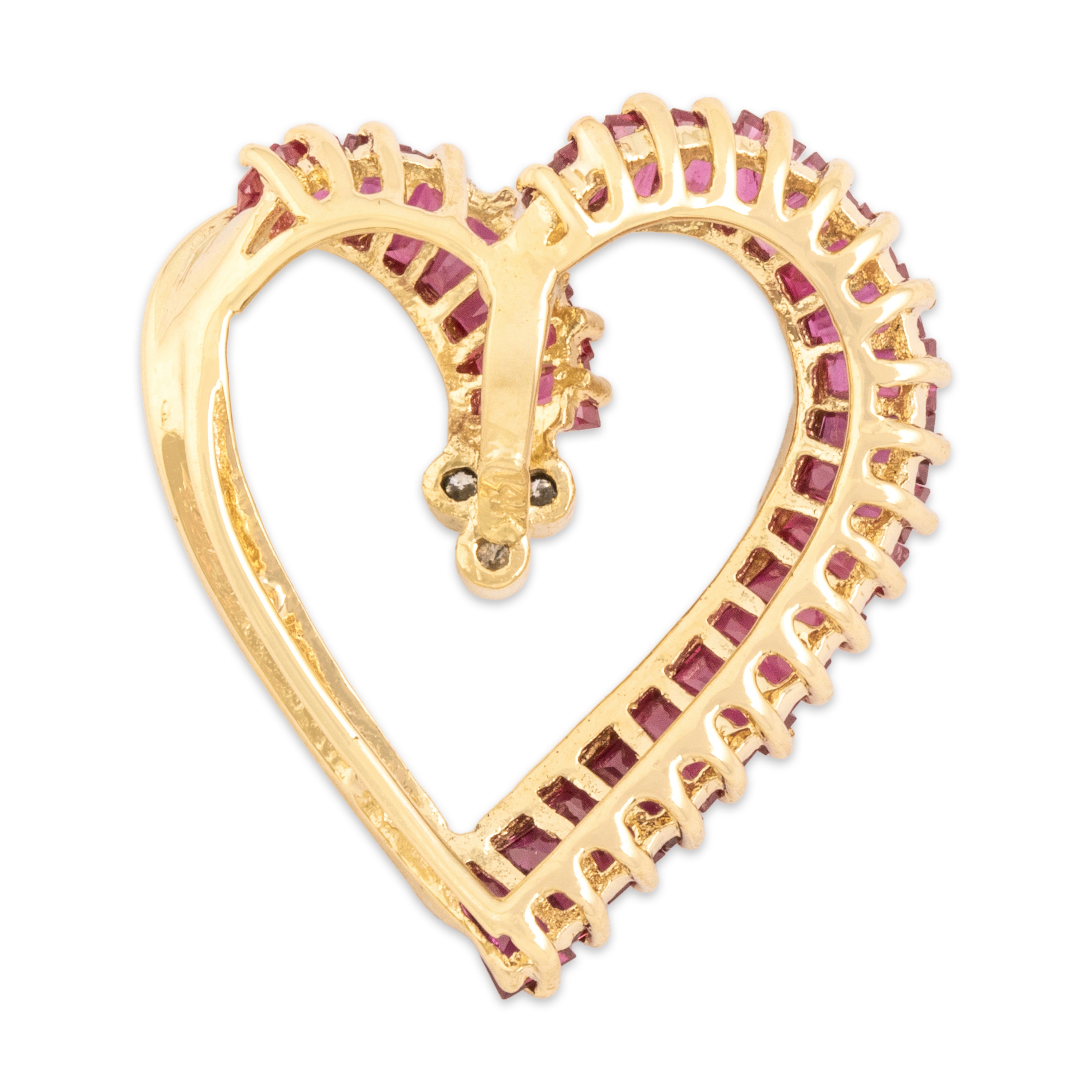 Vintage 14k Yellow Gold 1.61cttw Ruby Diamond Swooping Heart Slide Pendant - Back view
