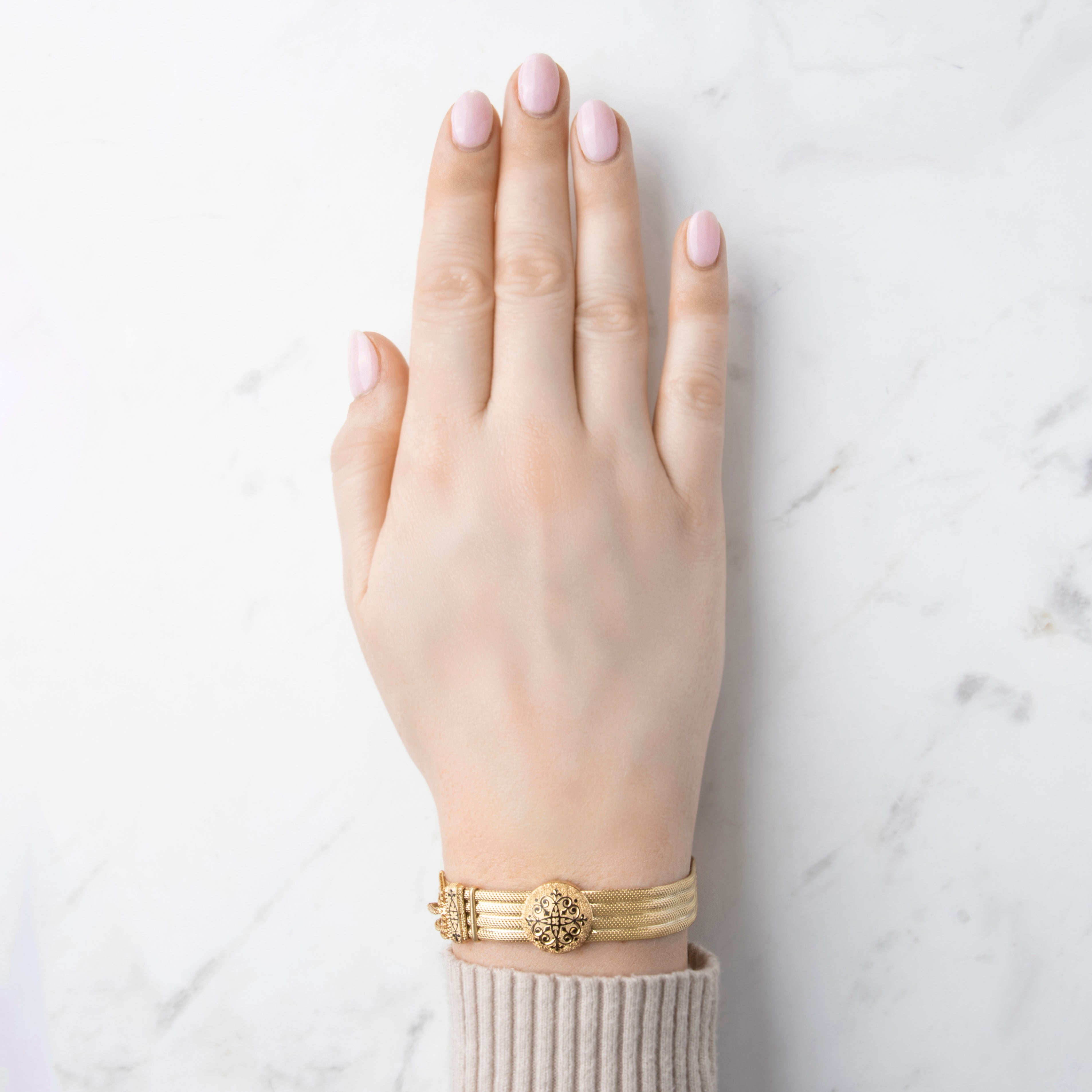 Antique Victorian 14k Yellow Gold Woven Mesh Black Enamel Adjustable Slide Fringe Bracelet - On model view