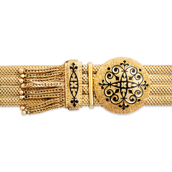 Antique Victorian 14k Yellow Gold Enamel Adjustable Woven Fringe Bracelet 8