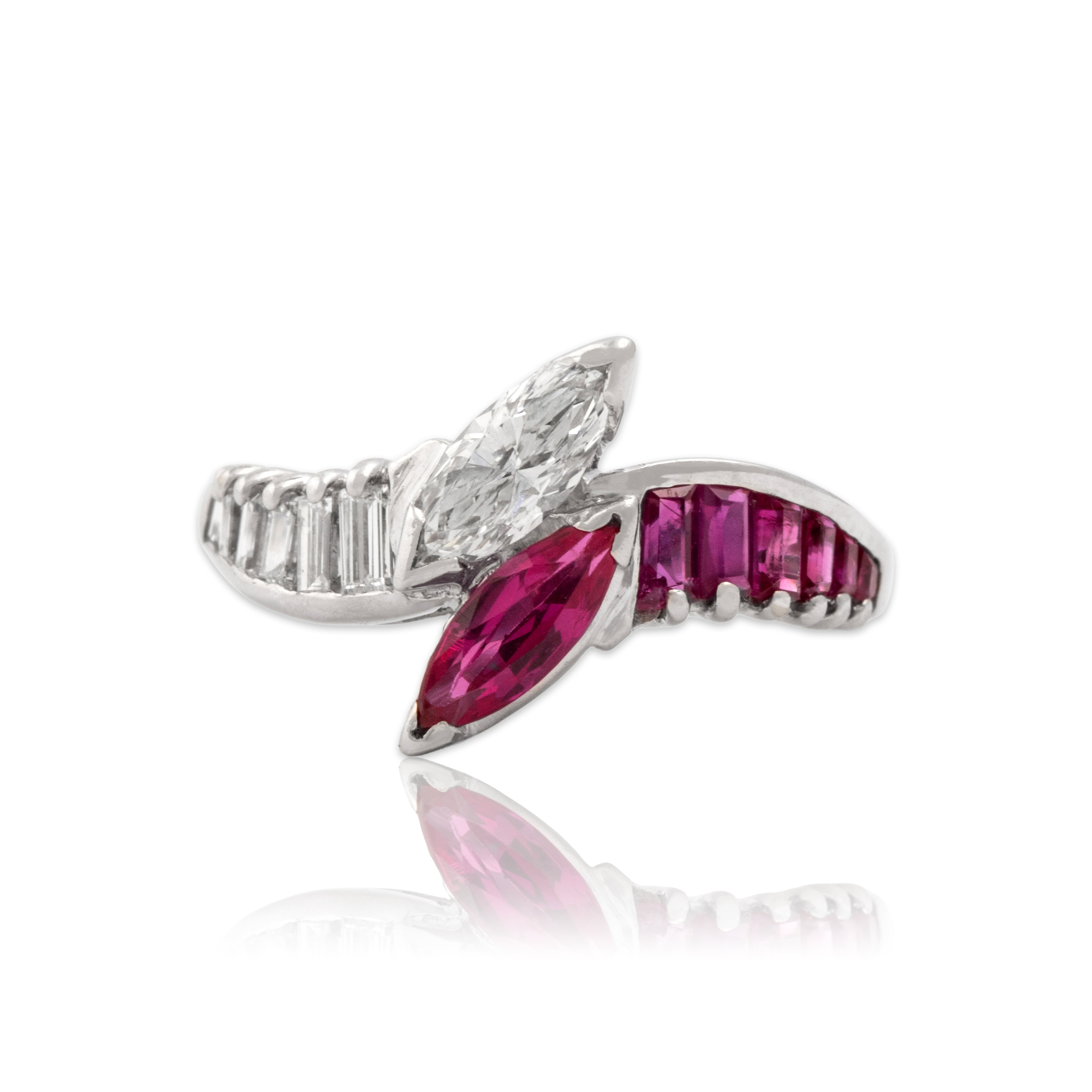 Vintage Platinum .66cttw Ruby .52cttw Diamond Fantastic Marquise Ring - Close-up view