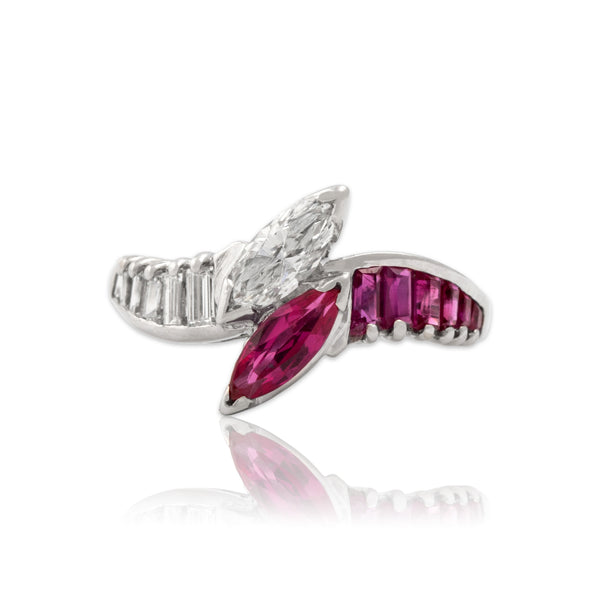 Vintage Platinum .66cttw Ruby .52cttw Diamond Fantastic Marquise Ring 5.00