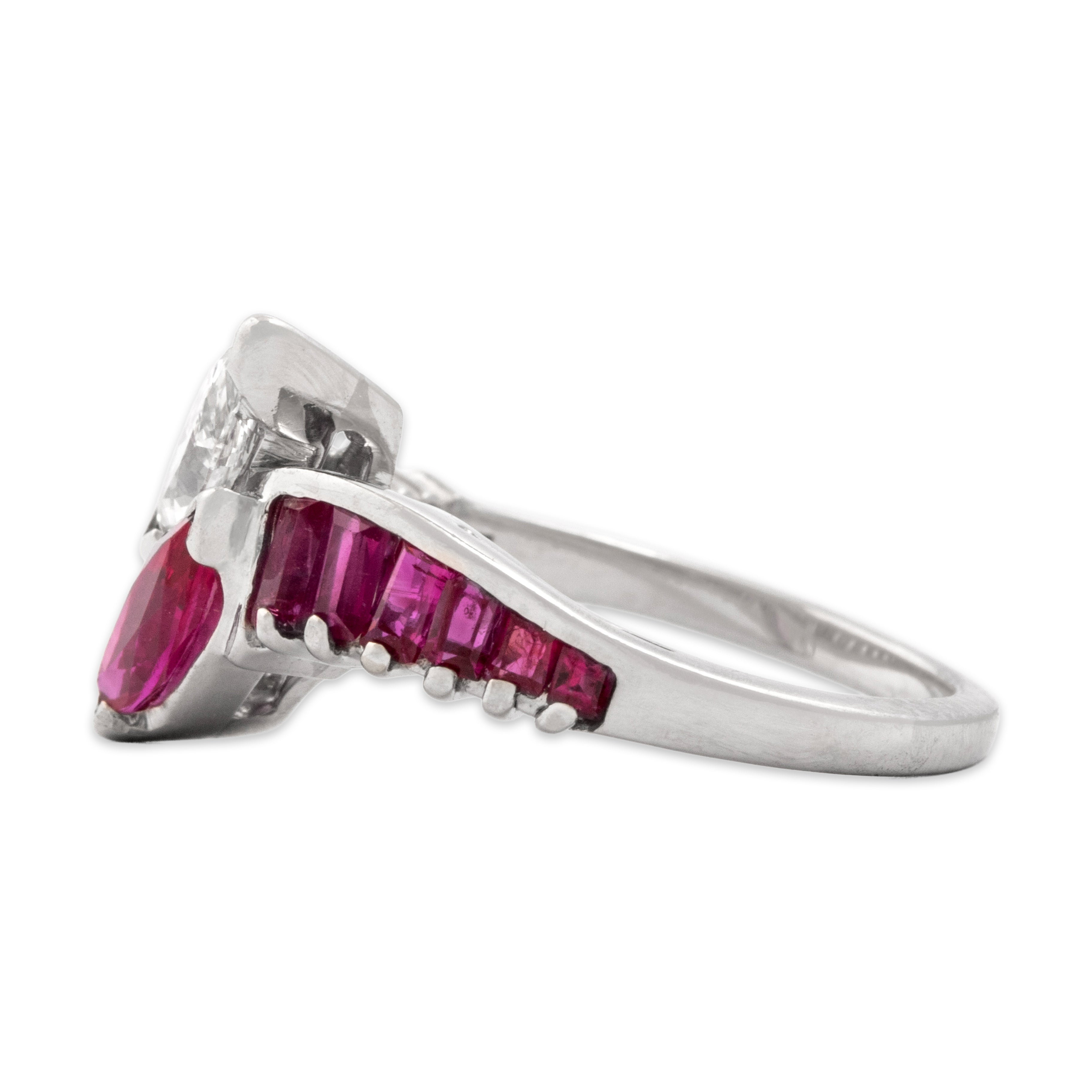 Vintage Platinum .66cttw Ruby .52cttw Diamond Fantastic Marquise Ring - Side view