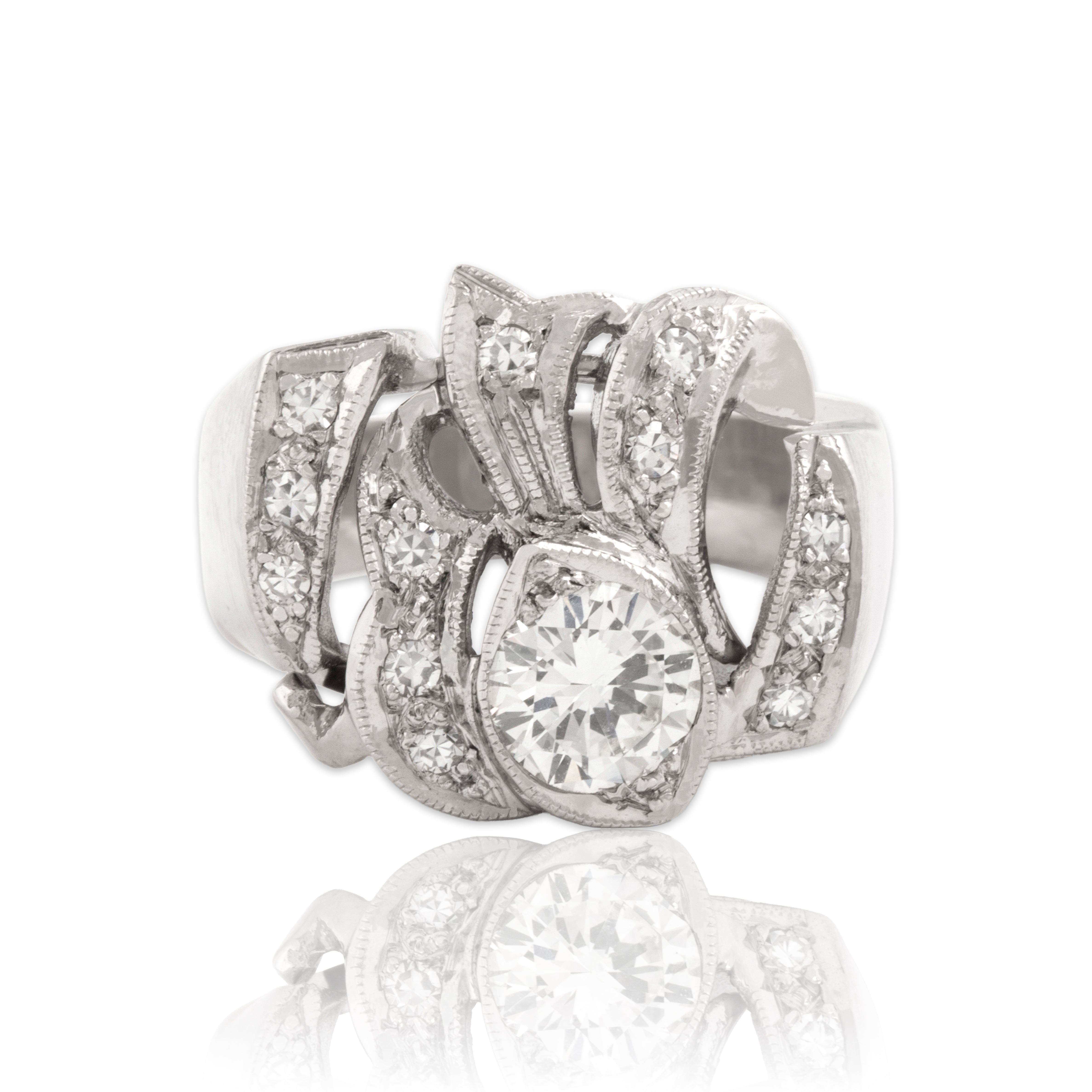 Vintage 14k White Gold .88cttw Diamond Wide Abstract Milgrain-Detail Ring - Close-up view