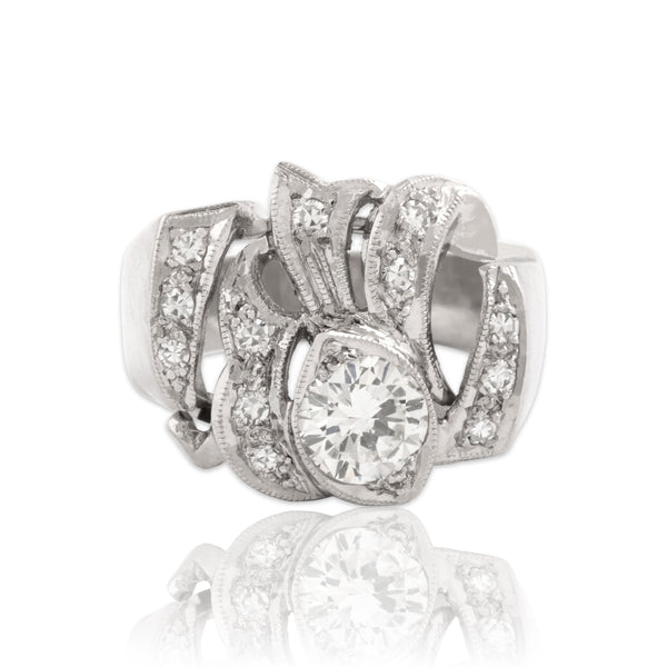Vintage 14k White Gold .88cttw Diamond Wide Abstract Milgrain-Detail Ring 5.25