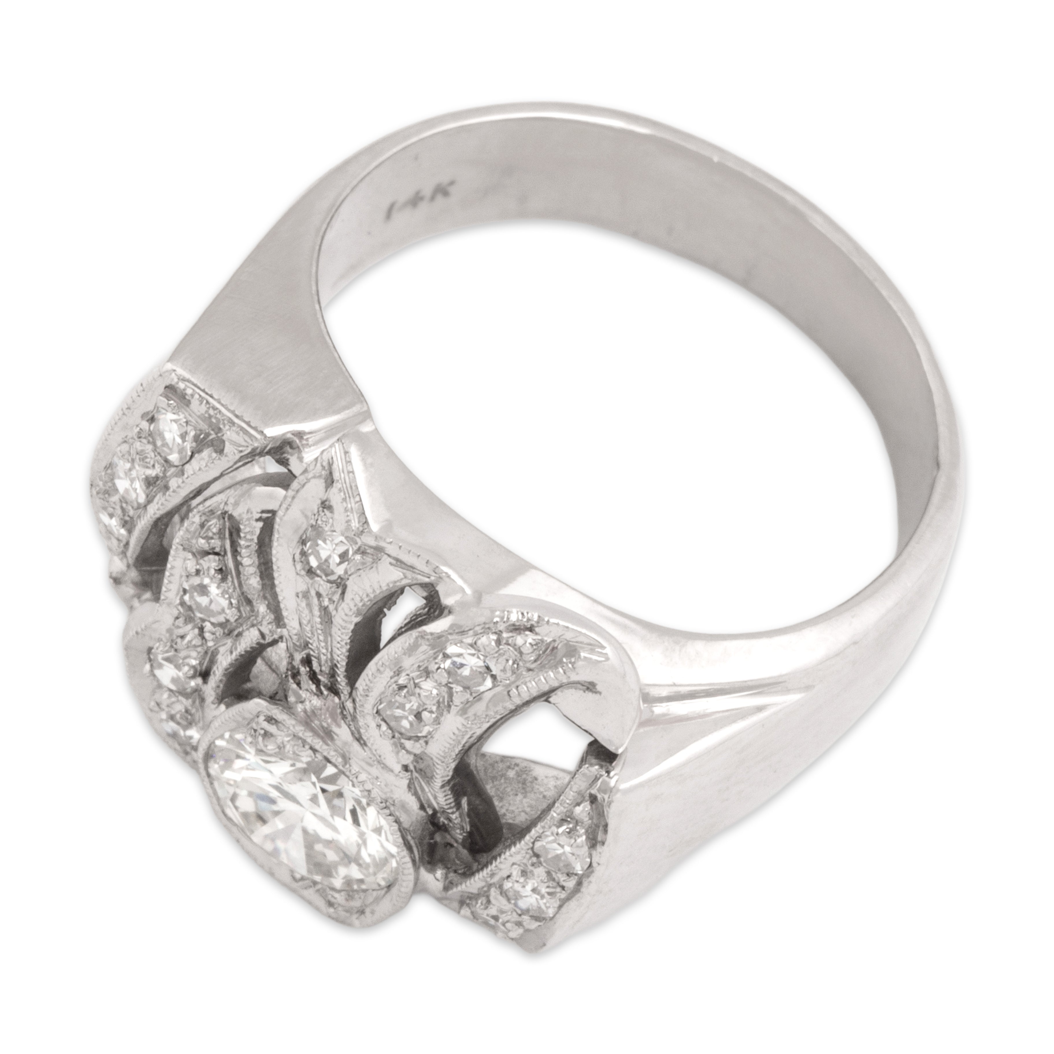 Vintage 14k White Gold .88cttw Diamond Wide Abstract Milgrain-Detail Ring - Overall view