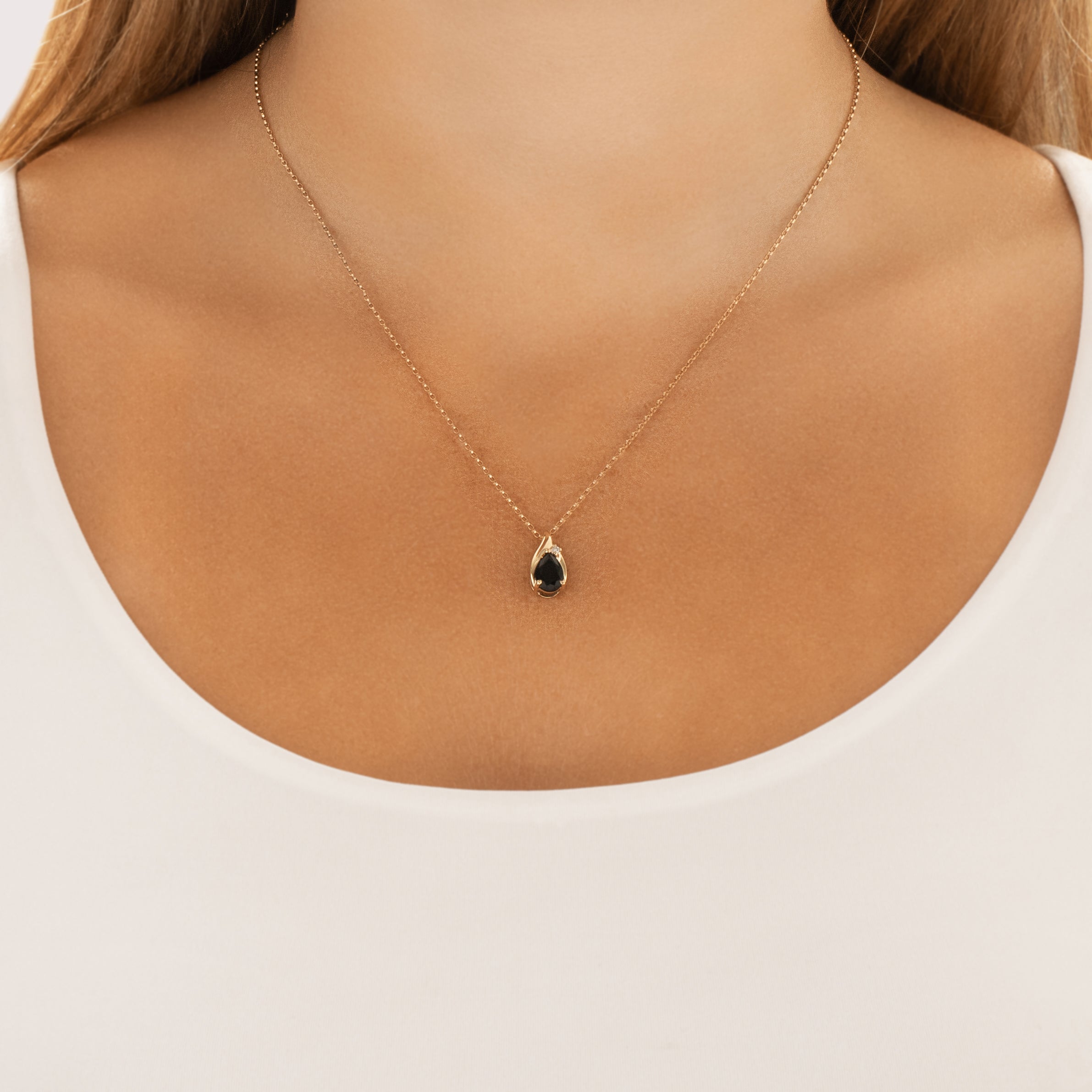 Vintage 14k Yellow Gold .51ct Onyx Diamond Shining Swoop Pendant - On model view