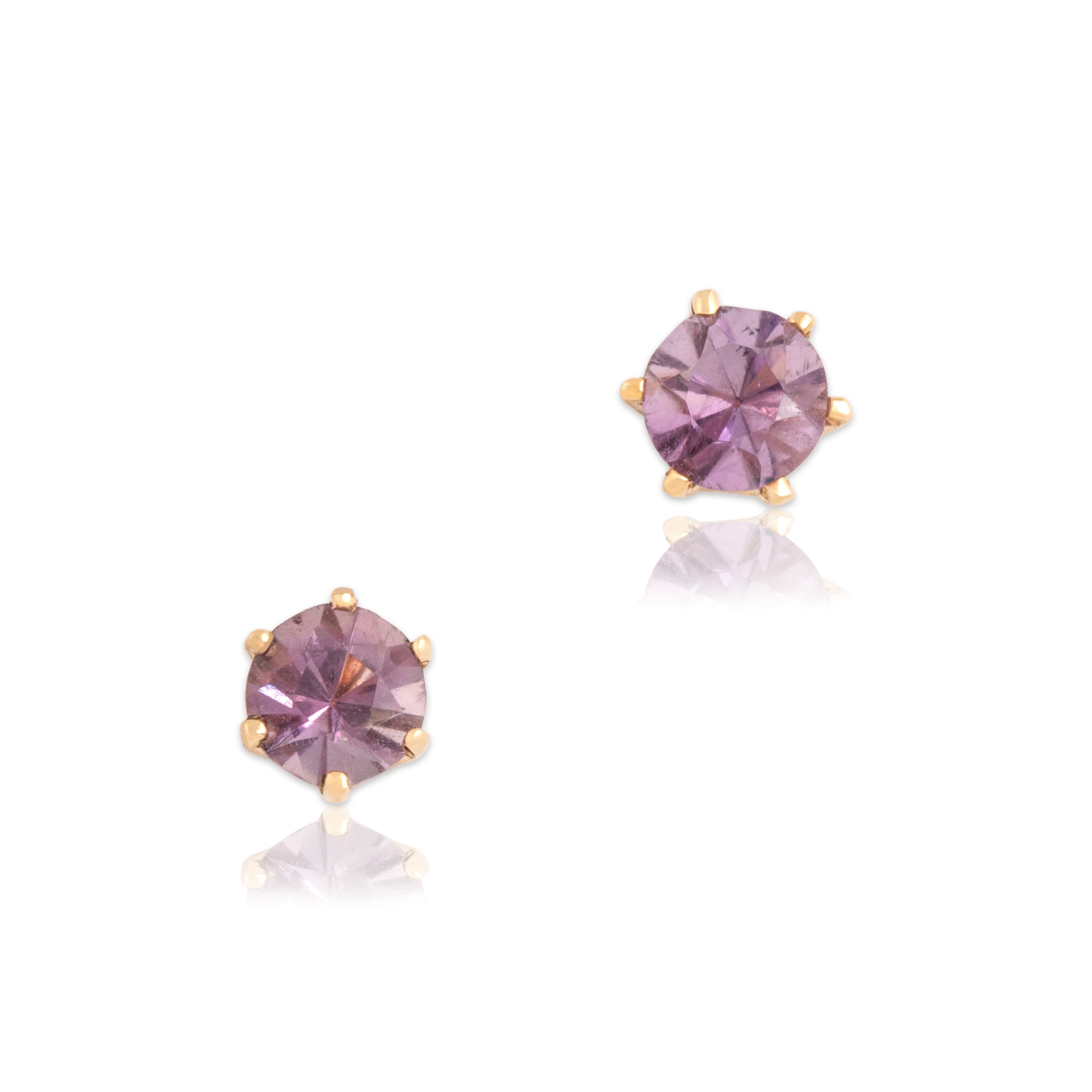 Vintage Small 14k Yellow Gold Amethyst Glowing Round Stud Earrings - Close-up view