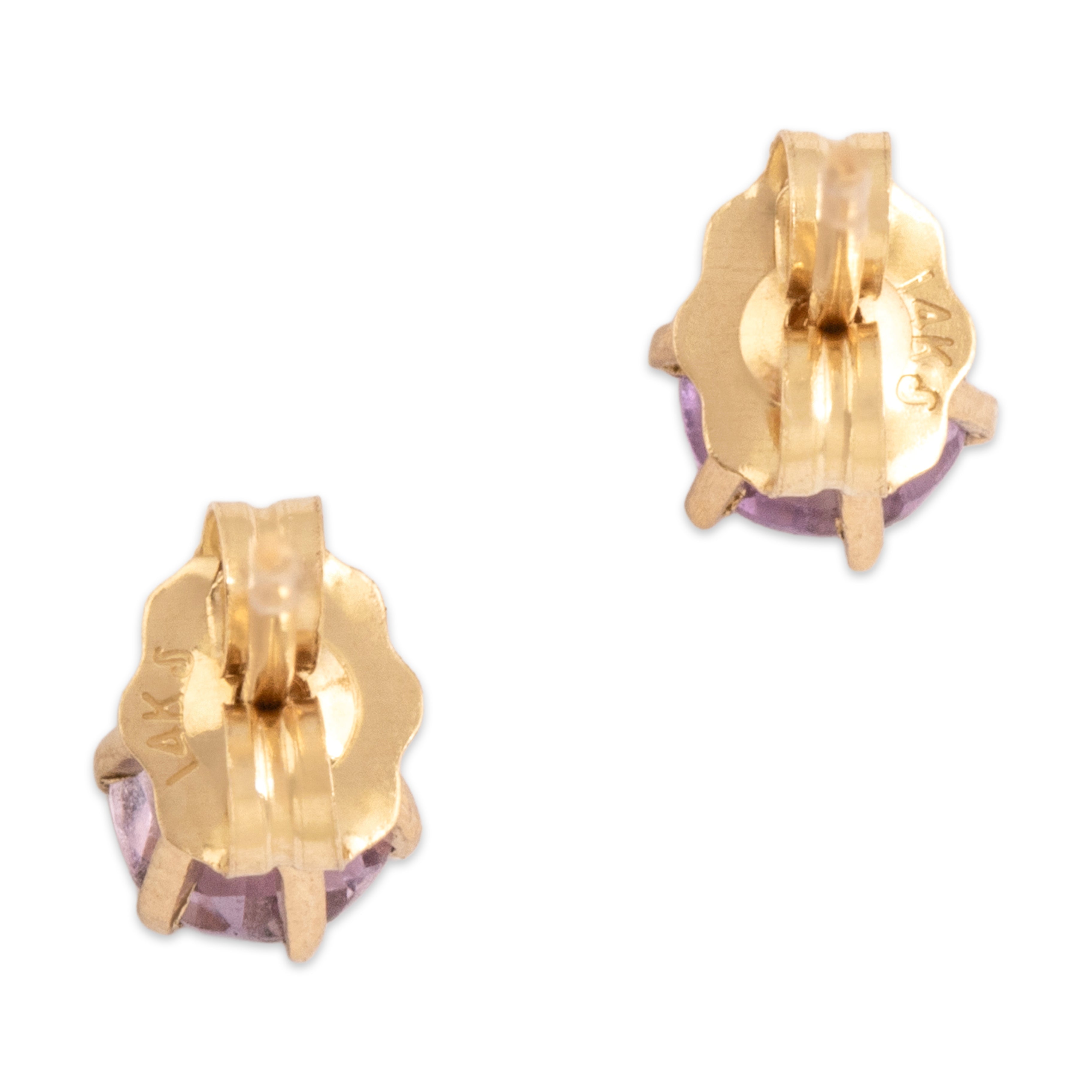 Vintage Small 14k Yellow Gold Amethyst Glowing Round Stud Earrings - Back view