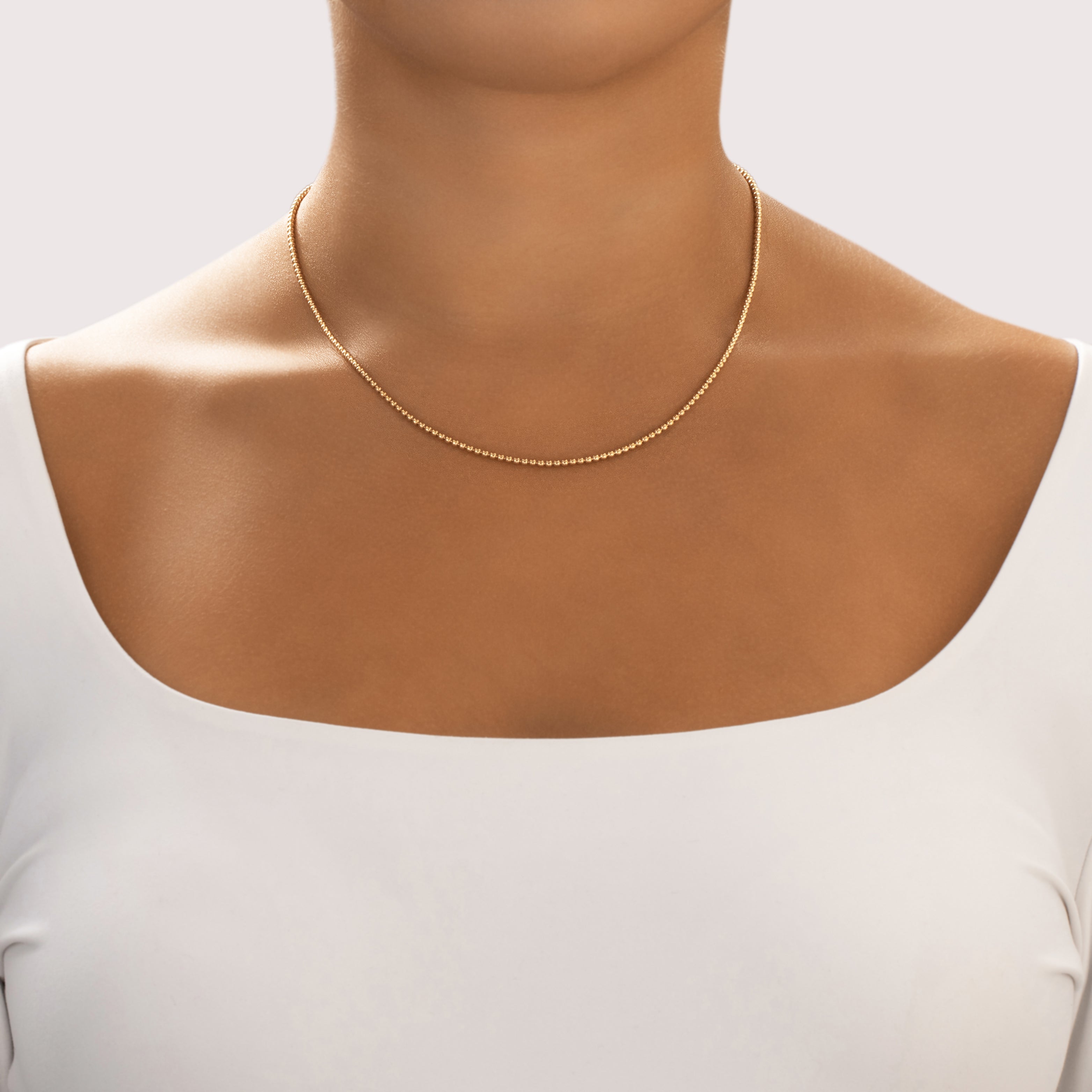 Vintage 14k Yellow Gold 2mm Gleaming Ball Chain - On model view