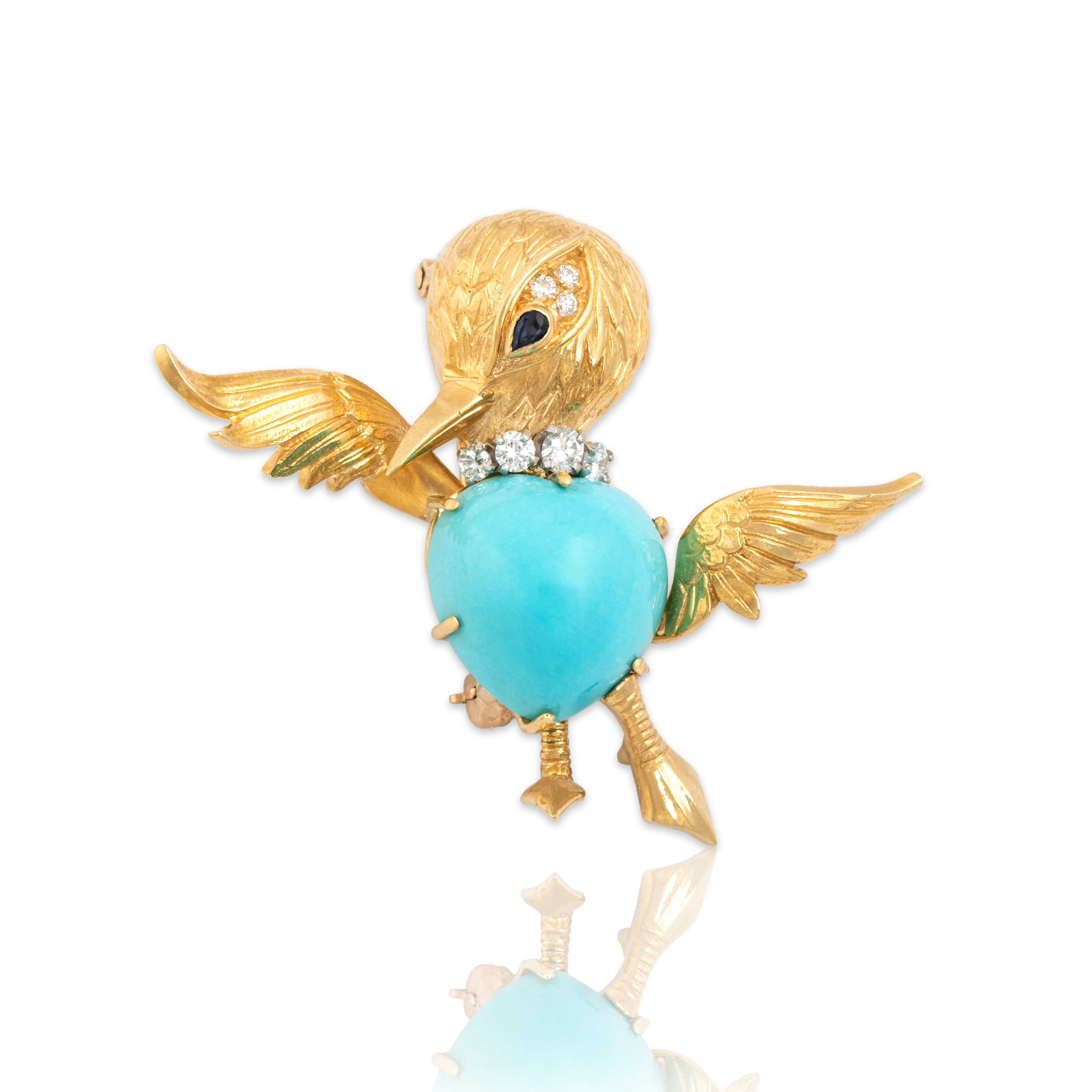 Vintage 18k Yellow Gold 9.21ct Turquoise Diamond Blue Sapphire Fabulous Adorable Figural Bird Brooch / Pin - Close-up view