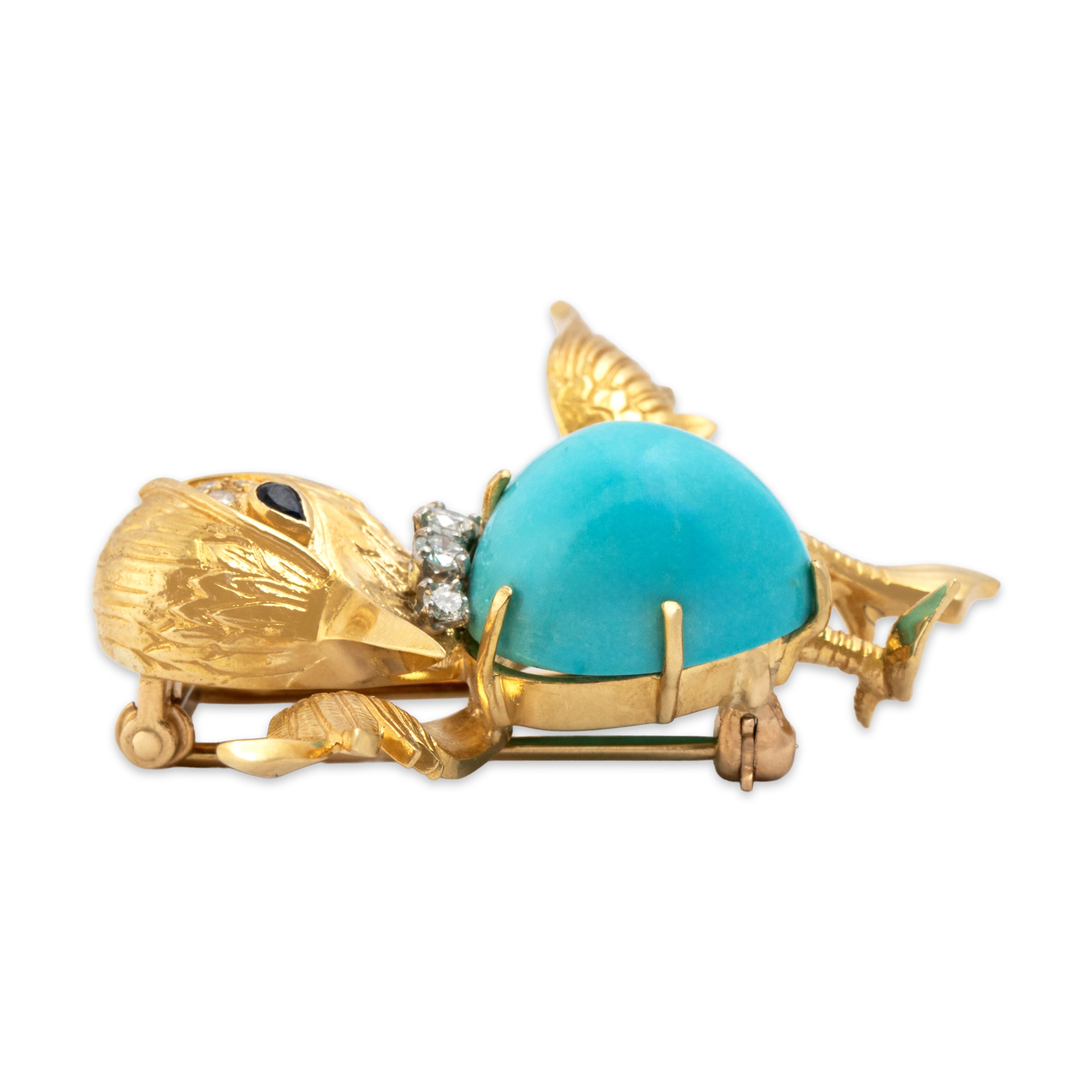 Vintage 18k Yellow Gold 9.21ct Turquoise Diamond Blue Sapphire Fabulous Adorable Figural Bird Brooch / Pin - Side view
