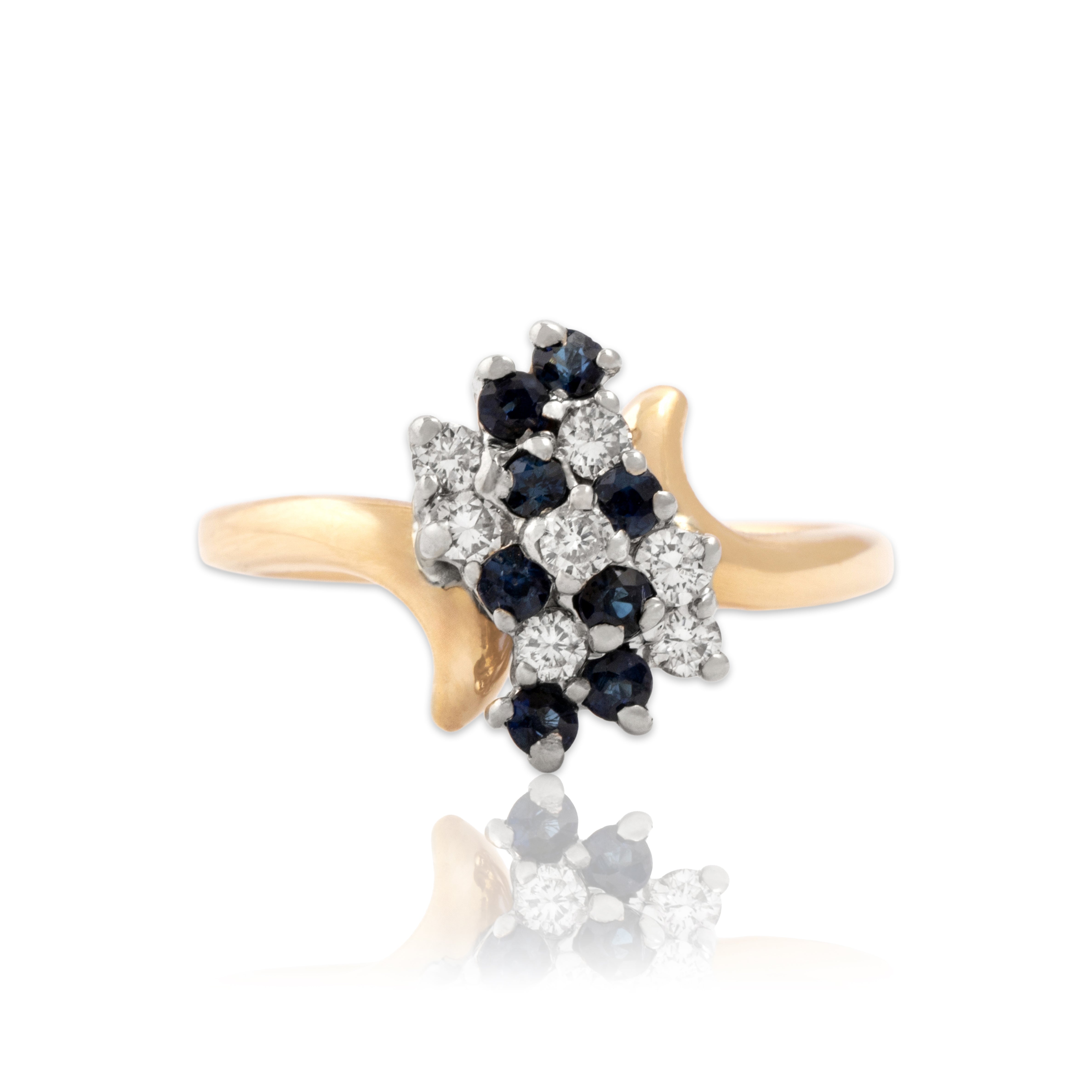 Vintage 14k Yellow Gold Blue Sapphire Diamond Naturalistic Waterfall Bypass Ring - Close-up view