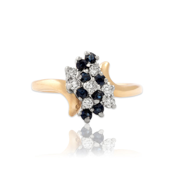 Vintage 14k Yellow Gold Blue Sapphire Diamond Waterfall Bypass Ring 6.75