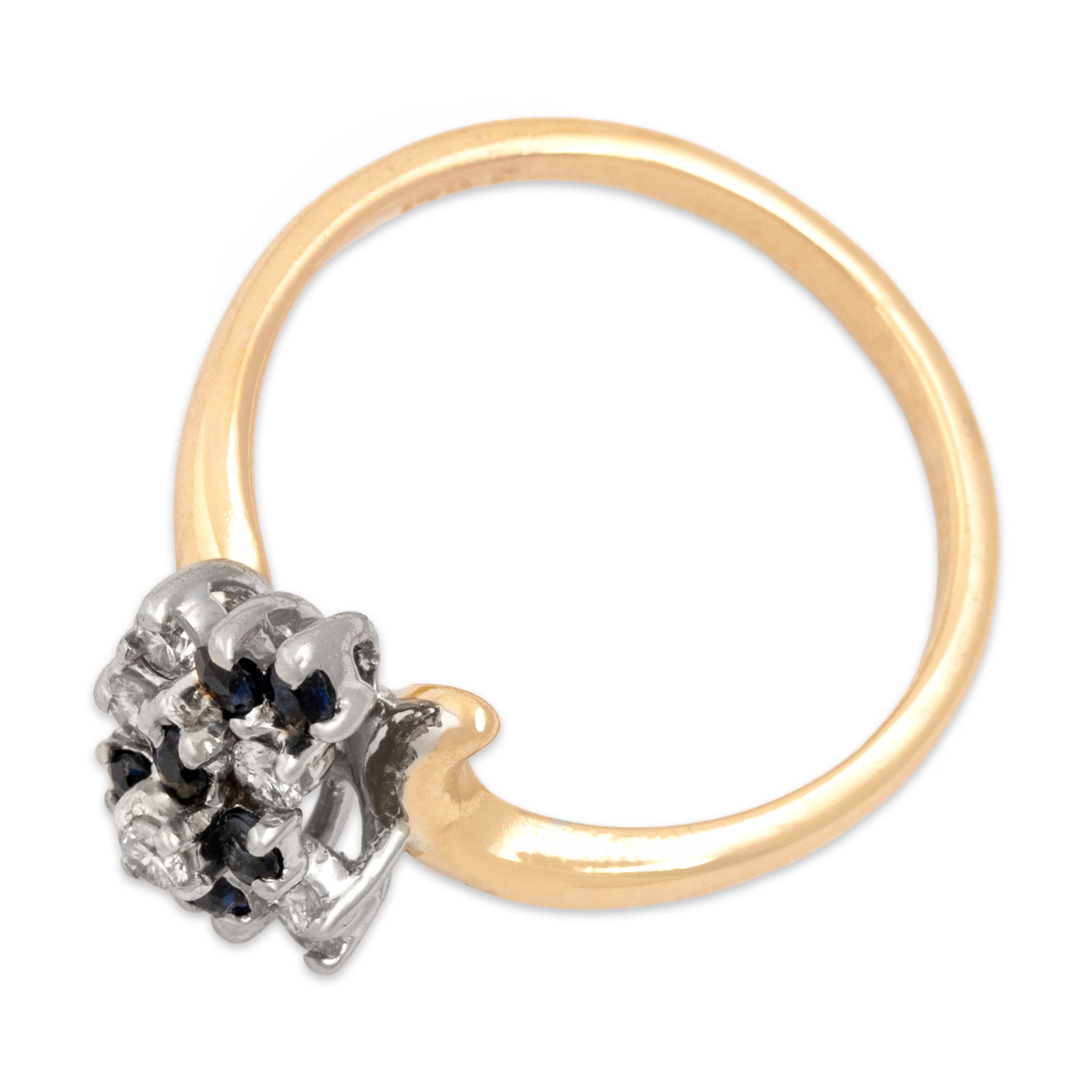 Vintage 14k Yellow Gold Blue Sapphire Diamond Naturalistic Waterfall Bypass Ring - Overall view