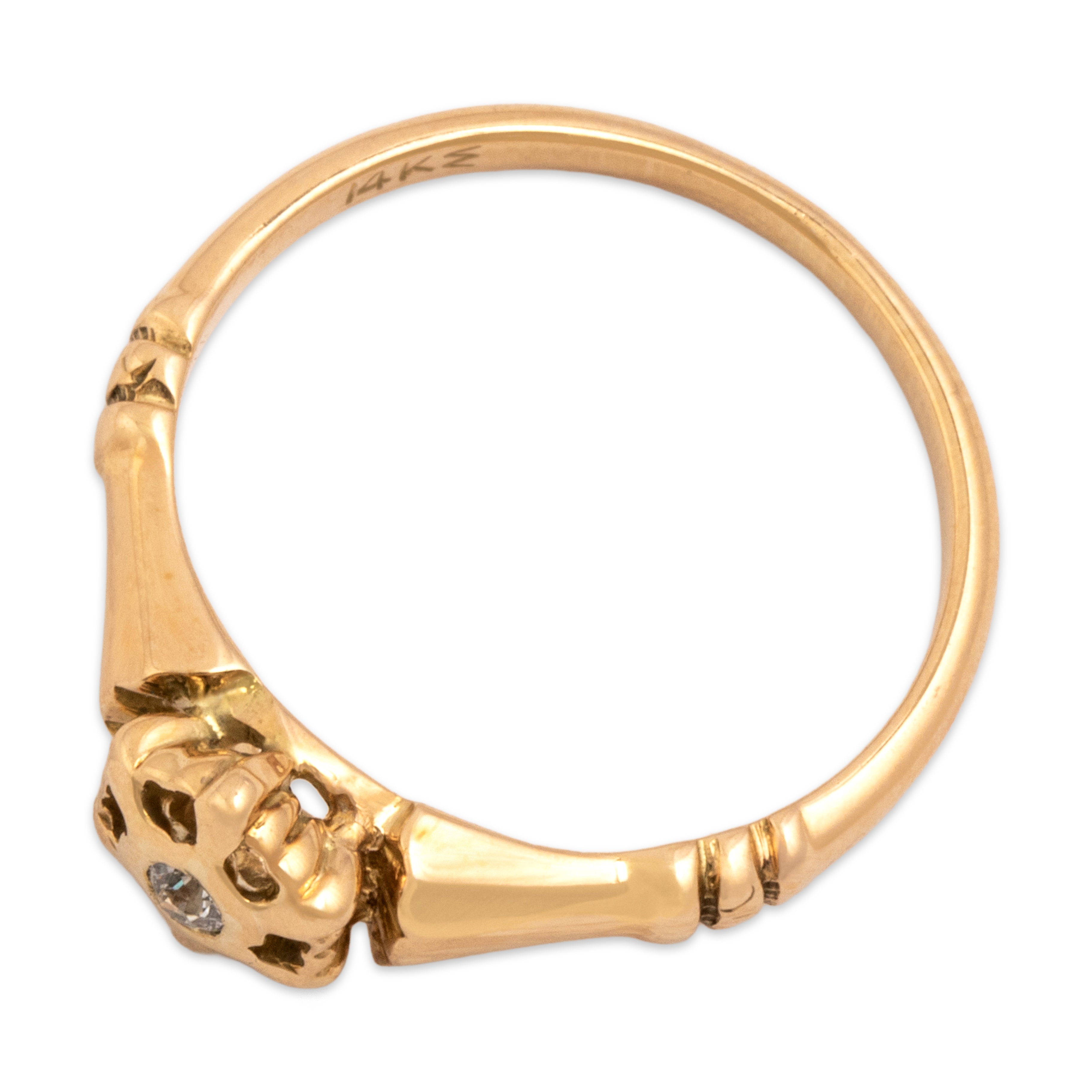 Antique Victorian 14k Rosy Yellow Gold Old Mine Cut Diamond Romantic Delicate Hexagonal Solitaire Ring - Overall view