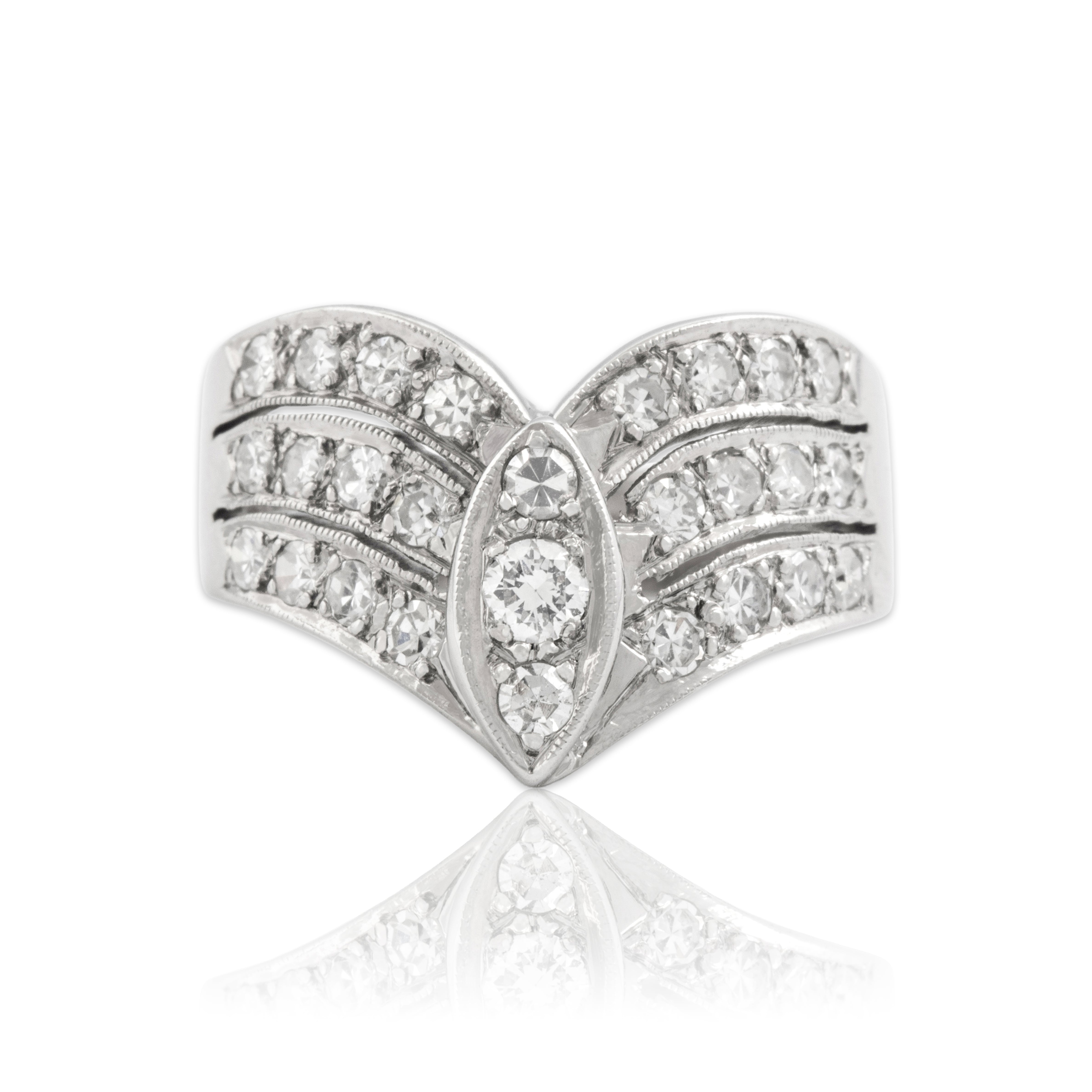 Vintage 14k White Gold .72cttw Diamond Adorned Sweeping Lines Ring - Close-up view
