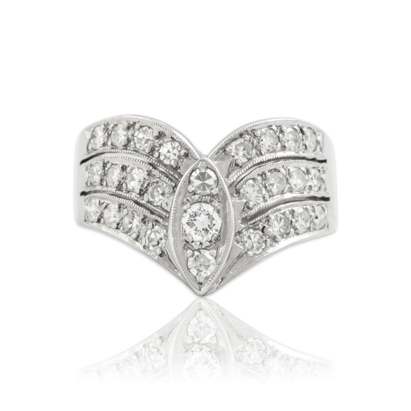 Vintage 14k White Gold .72cttw Diamond Adorned Sweeping Lines Ring 7.75