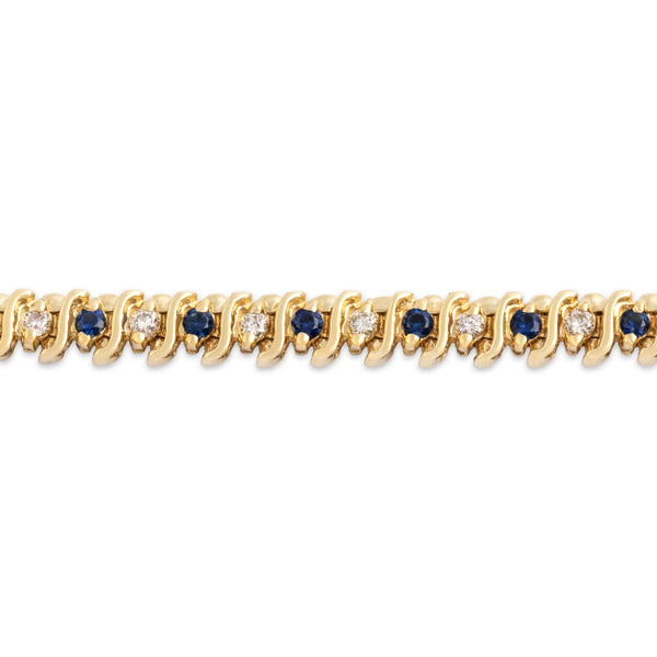 Vintage 14k Yellow Gold .91cttw Diamond .88cttw Blue Sapphire Swoop Bracelet 6.75