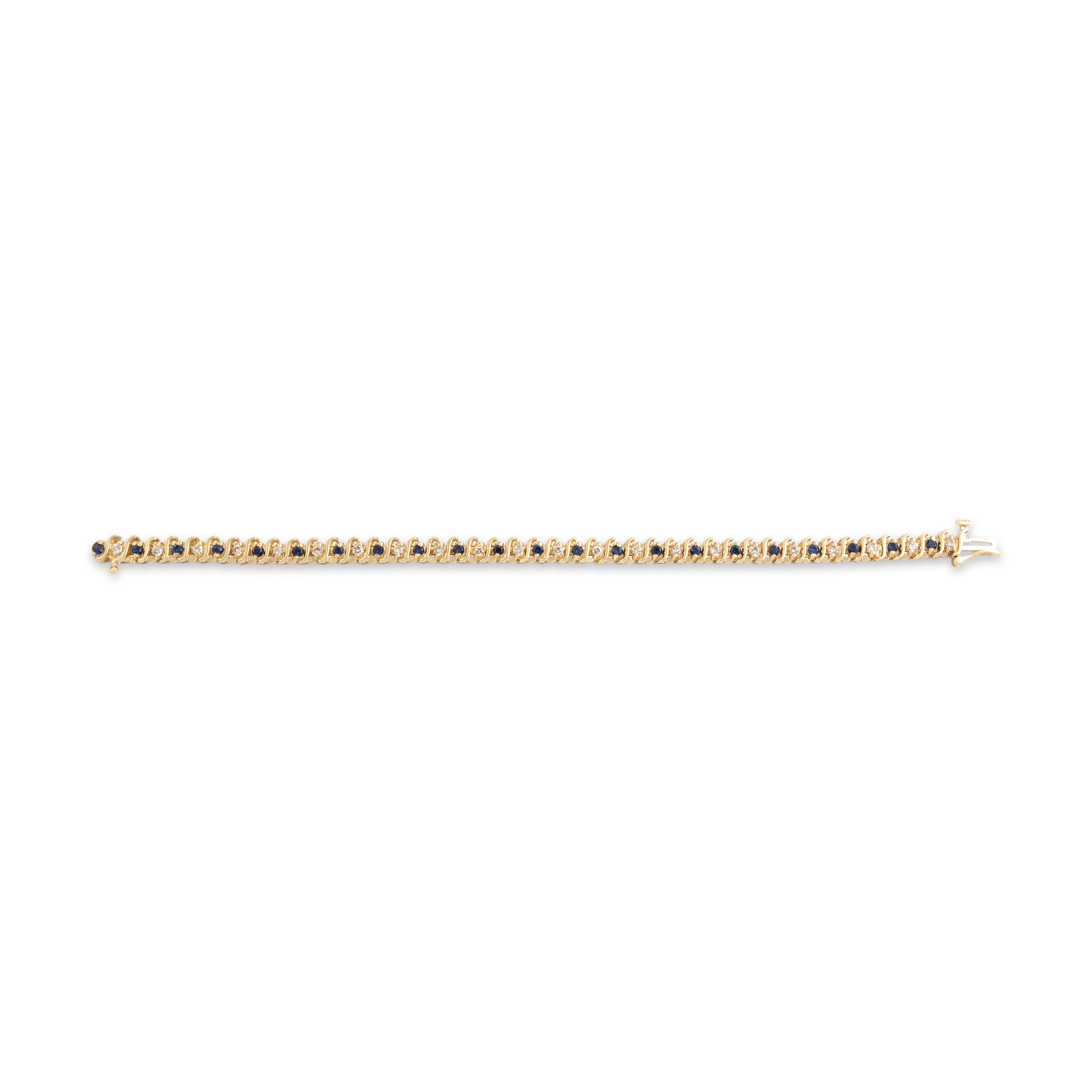 Vintage 14k Yellow Gold .91cttw Diamond .88cttw Blue Sapphire Classic Swoop Detail Alternating Bracelet - Overall view