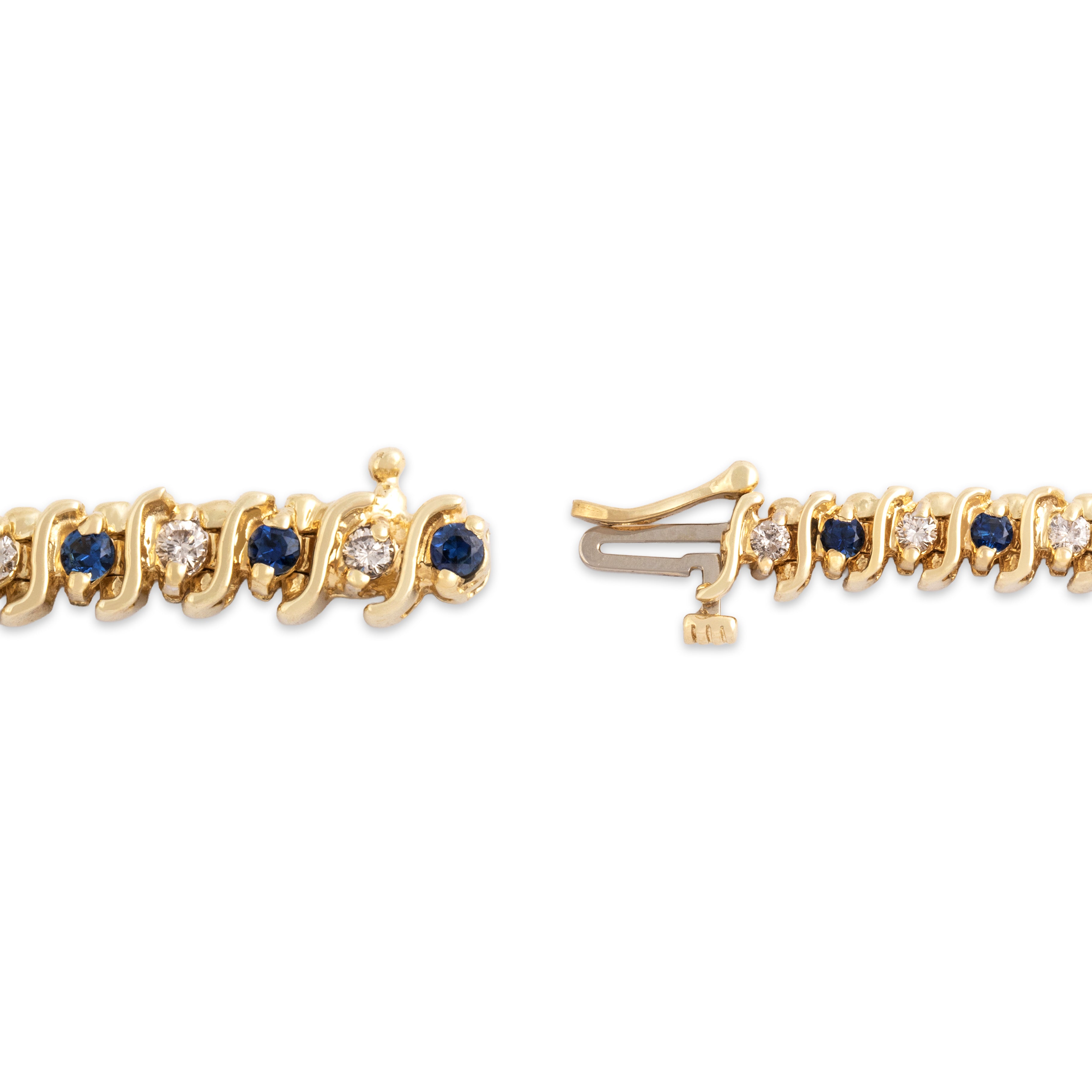 Vintage 14k Yellow Gold .91cttw Diamond .88cttw Blue Sapphire Classic Swoop Detail Alternating Bracelet - clasp view